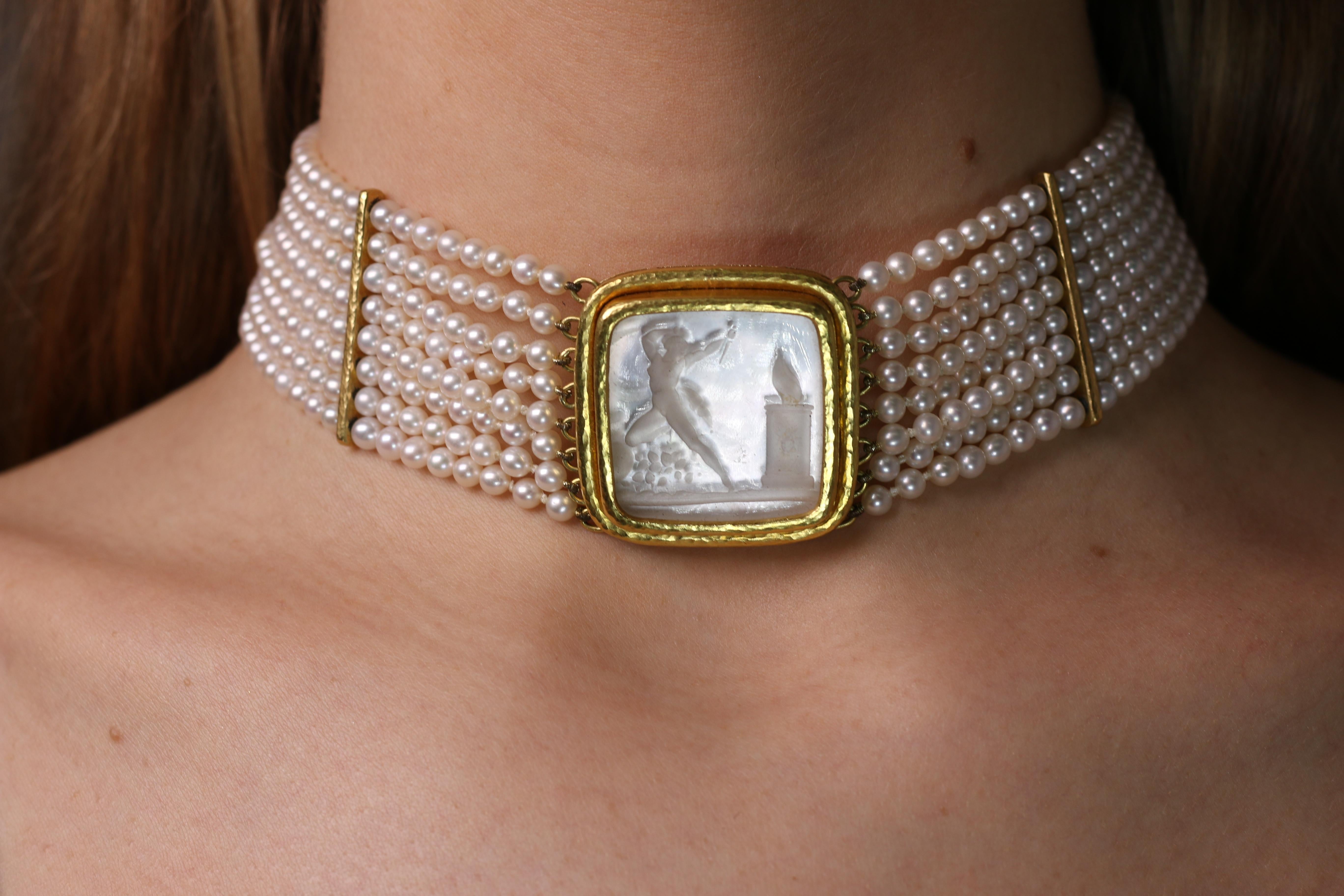 Elizabeth Locke Pearl Choker with Mother of Pearl Intaglio and Gold In Good Condition For Sale In Dallas, TX