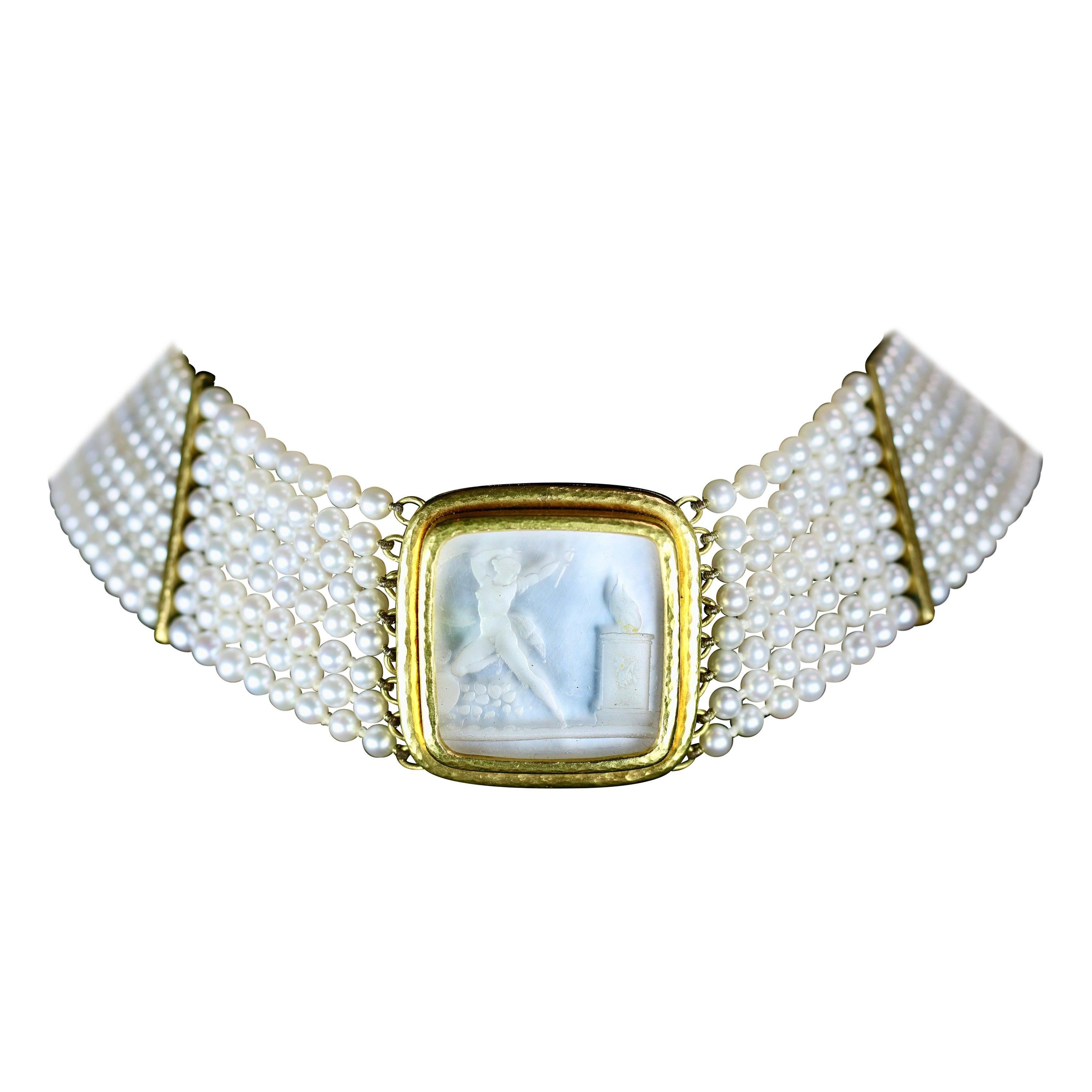 Elizabeth Locke Pearl Choker with Mother of Pearl Intaglio and Gold