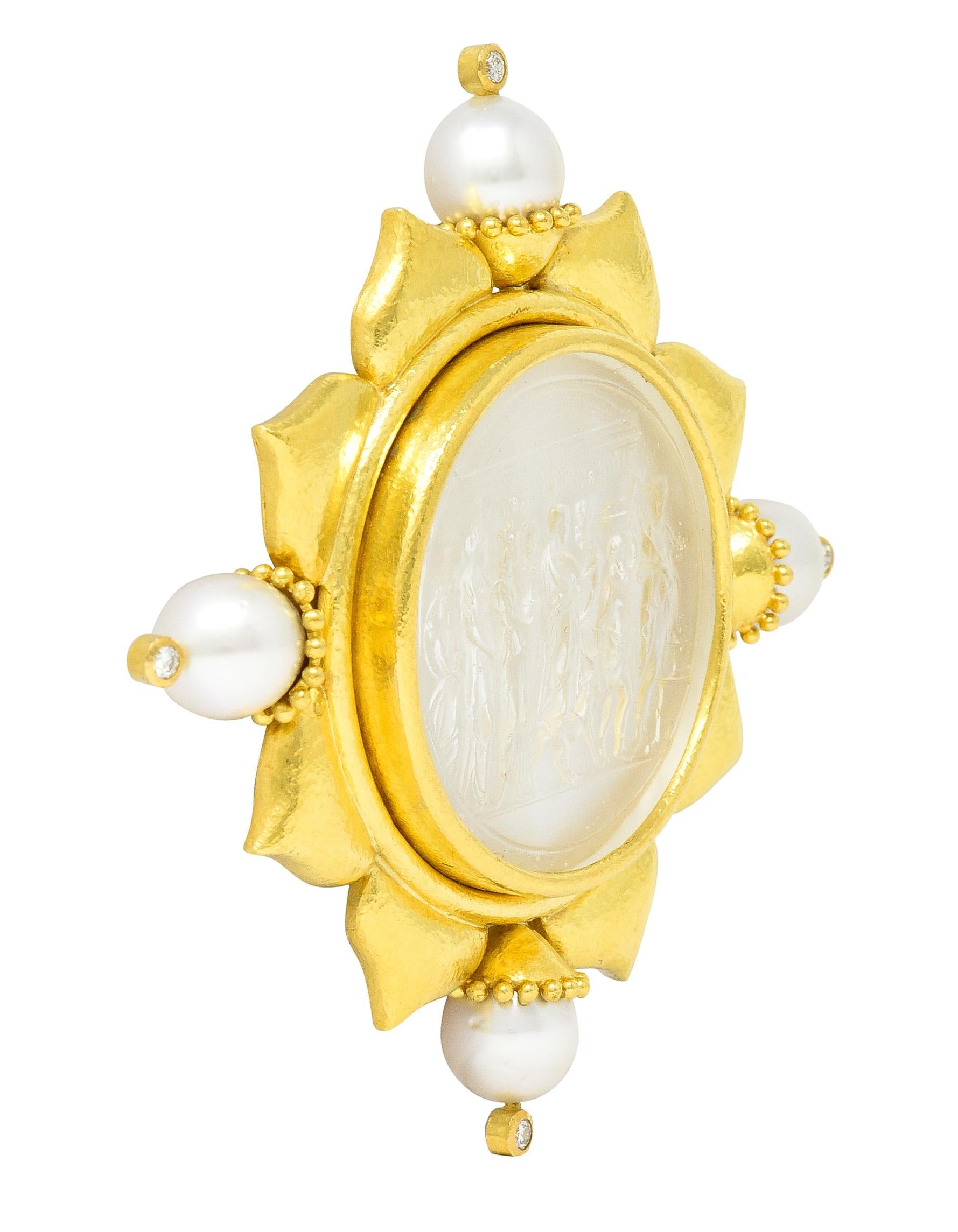Centering a 39.0 mm round Venetian glass cameo - depicting nine robed figures carrying baskets with goats walking alongside. Transparent colorless and backed by mother-of-pearl - white body color with moderate iridescence. Bezel set with hammered