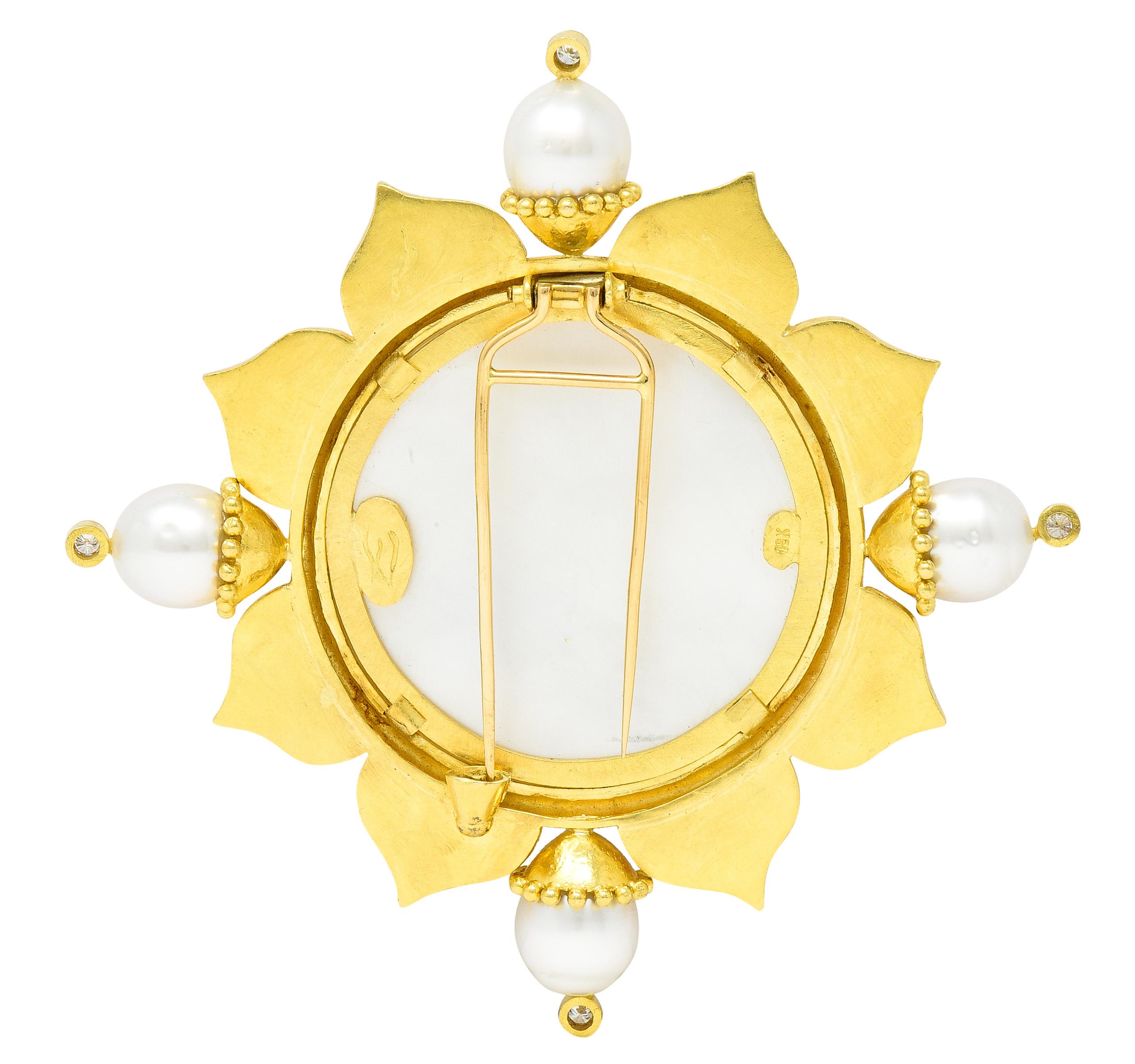 Contemporary Elizabeth Locke Pearl Diamond Mother Pearl Venetian Glass 18 Karat Gold Brooch