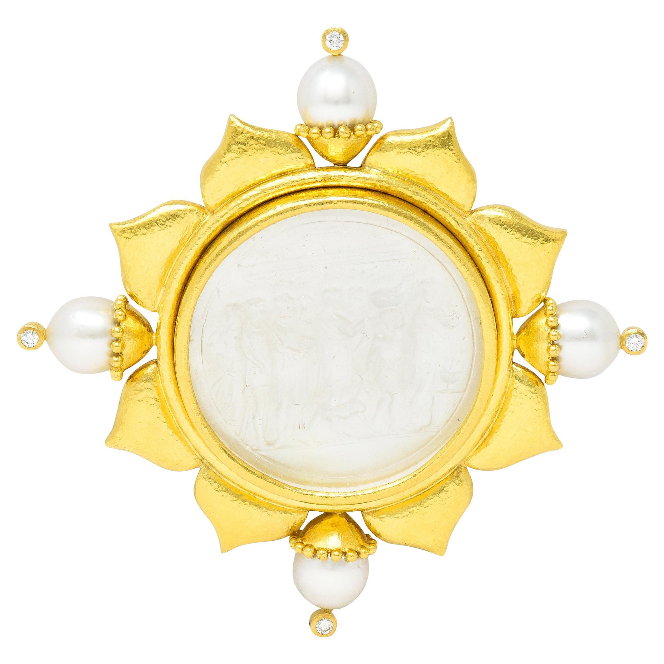 Elizabeth Locke Pearl Diamond Mother Pearl Venetian Glass 18 Karat Gold Brooch