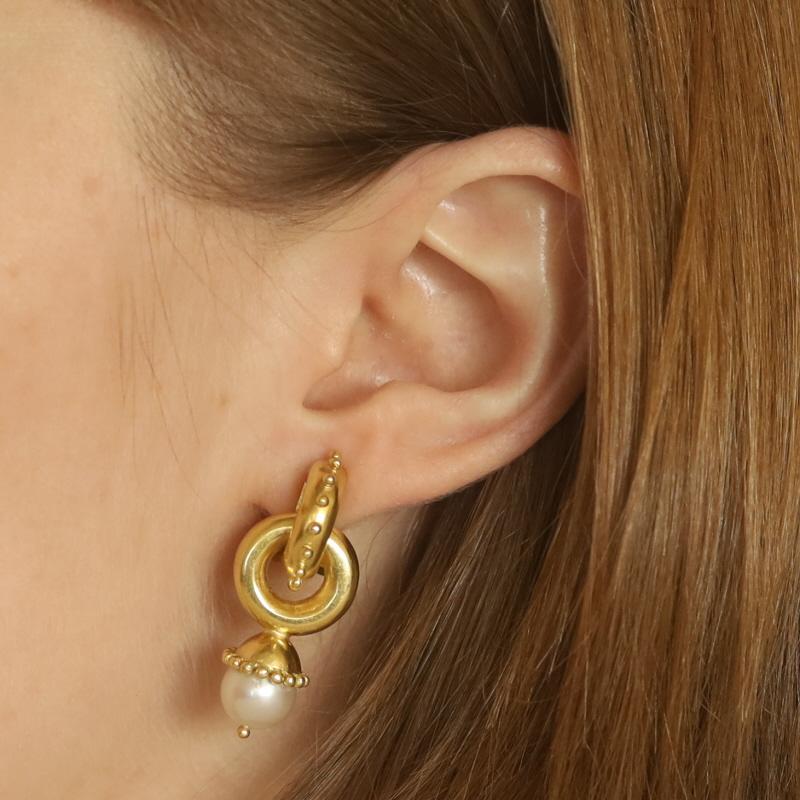 Round Cut Elizabeth Locke Pearl Door Knocker Earrings -Yellow Gold 18k Convert Pierce/Clip