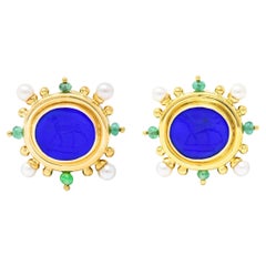 Elizabeth Locke Pearl Emerald Blue Venetian Glass Dog Intaglio 18 Karat Earrings