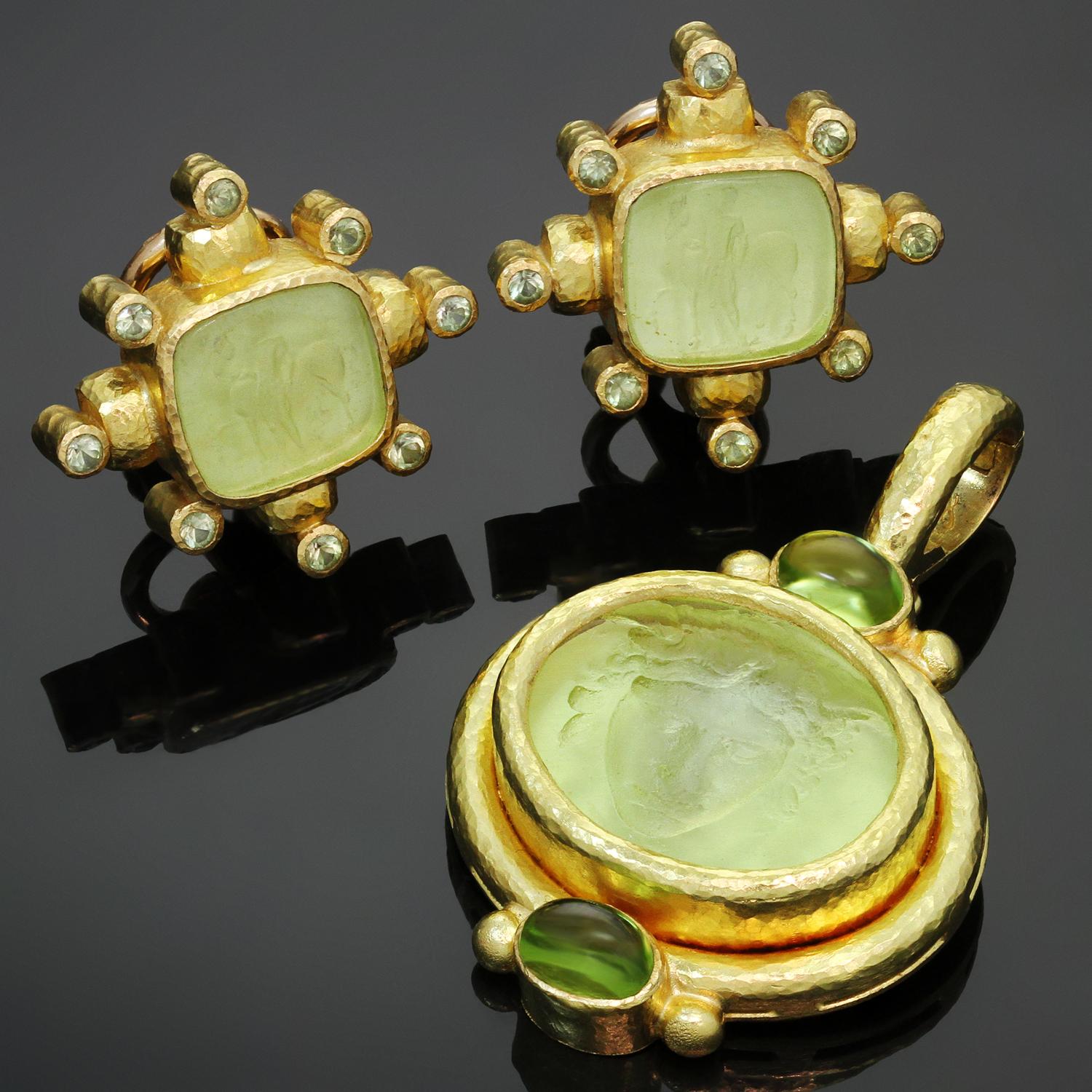 This gorgeous Elizabeth Locke earrings and pendant set is crafted out of 19-karat hand-hammered yellow gold and features light green Venetian glass intaglios with mother-of-pearl backs. These modern intaglios feature classic 17th century molds. The