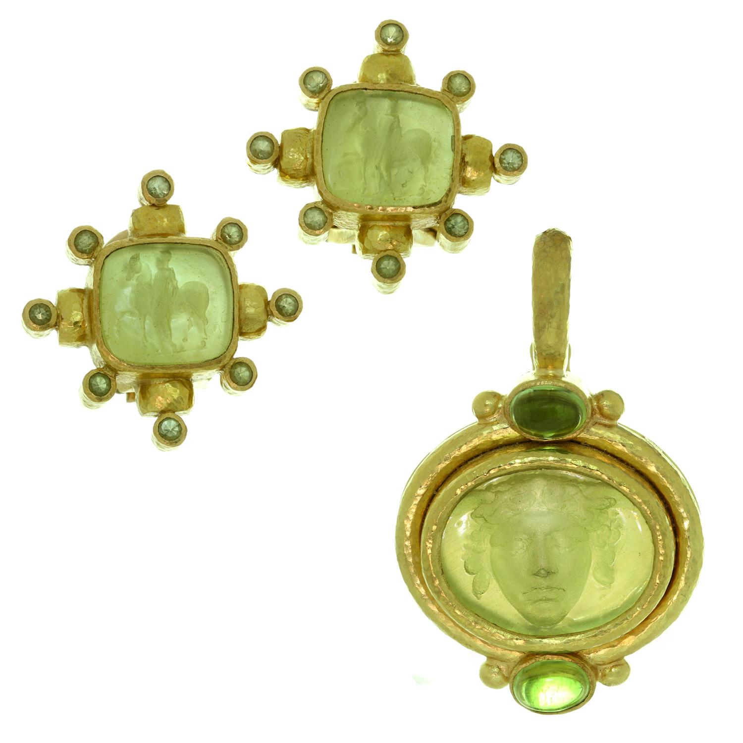 Elizabeth Locke Peridot Venetian Glass Intaglio Earrings and Pendant Set