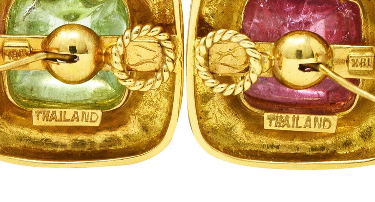 Elizabeth Locke Pink & Green Tourmaline 18 Karat Yellow Gold Vintage Earrings In Excellent Condition In Philadelphia, PA