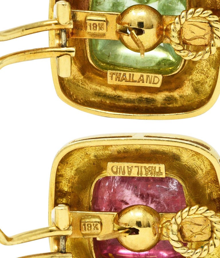 Elizabeth Locke Pink & Green Tourmaline 18 Karat Yellow Gold Vintage Earrings 1