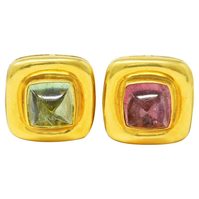 Elizabeth Locke Pink & Green Tourmaline 18 Karat Yellow Gold Vintage Earrings