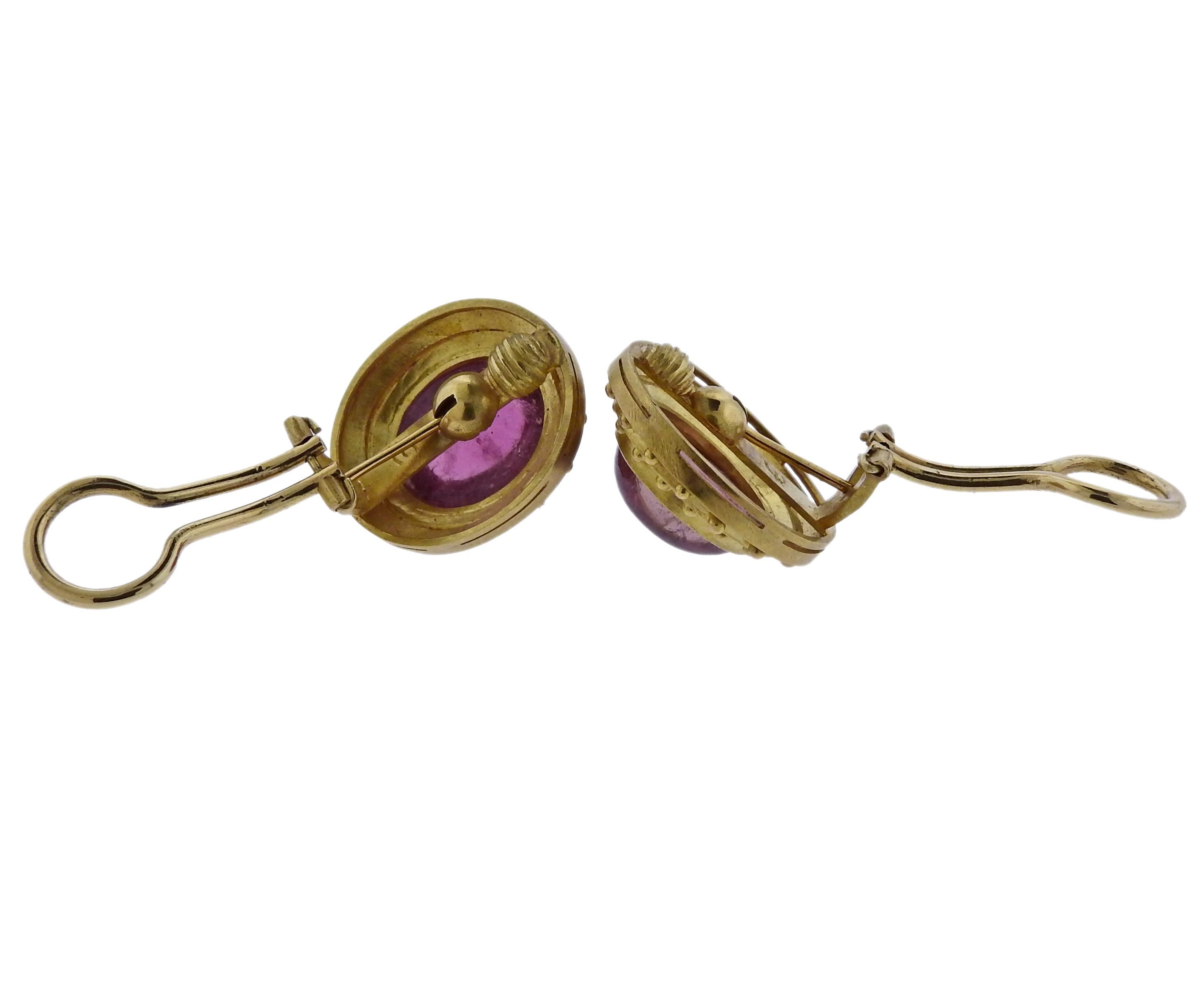 Women's Elizabeth Locke Pink Tourmaline Cabochon Gold Earrings