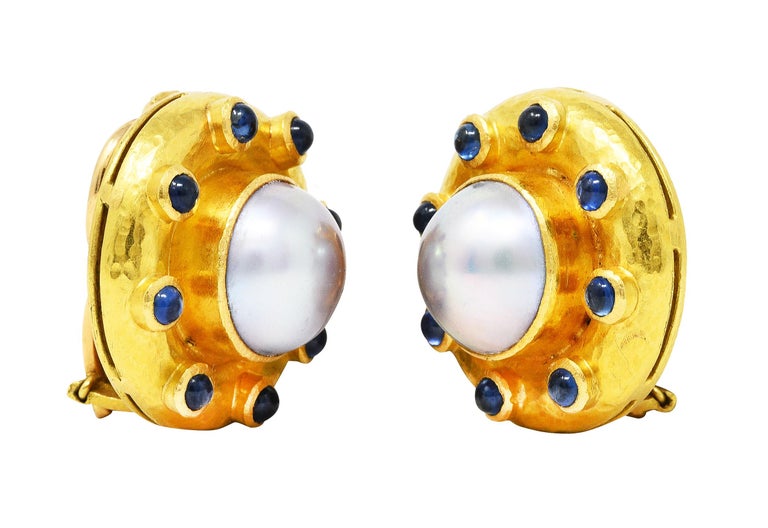 Elizabeth Locke Sapphire Cabochon Mabe Pearl 18 Karat Yellow Gold Earrings 1
