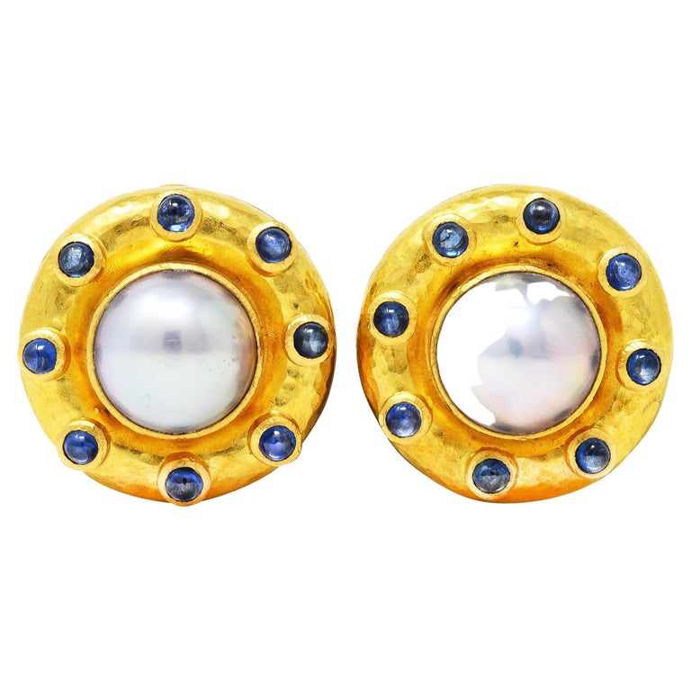 Elizabeth Locke Sapphire Cabochon Mabe Pearl 18 Karat Yellow Gold Earrings