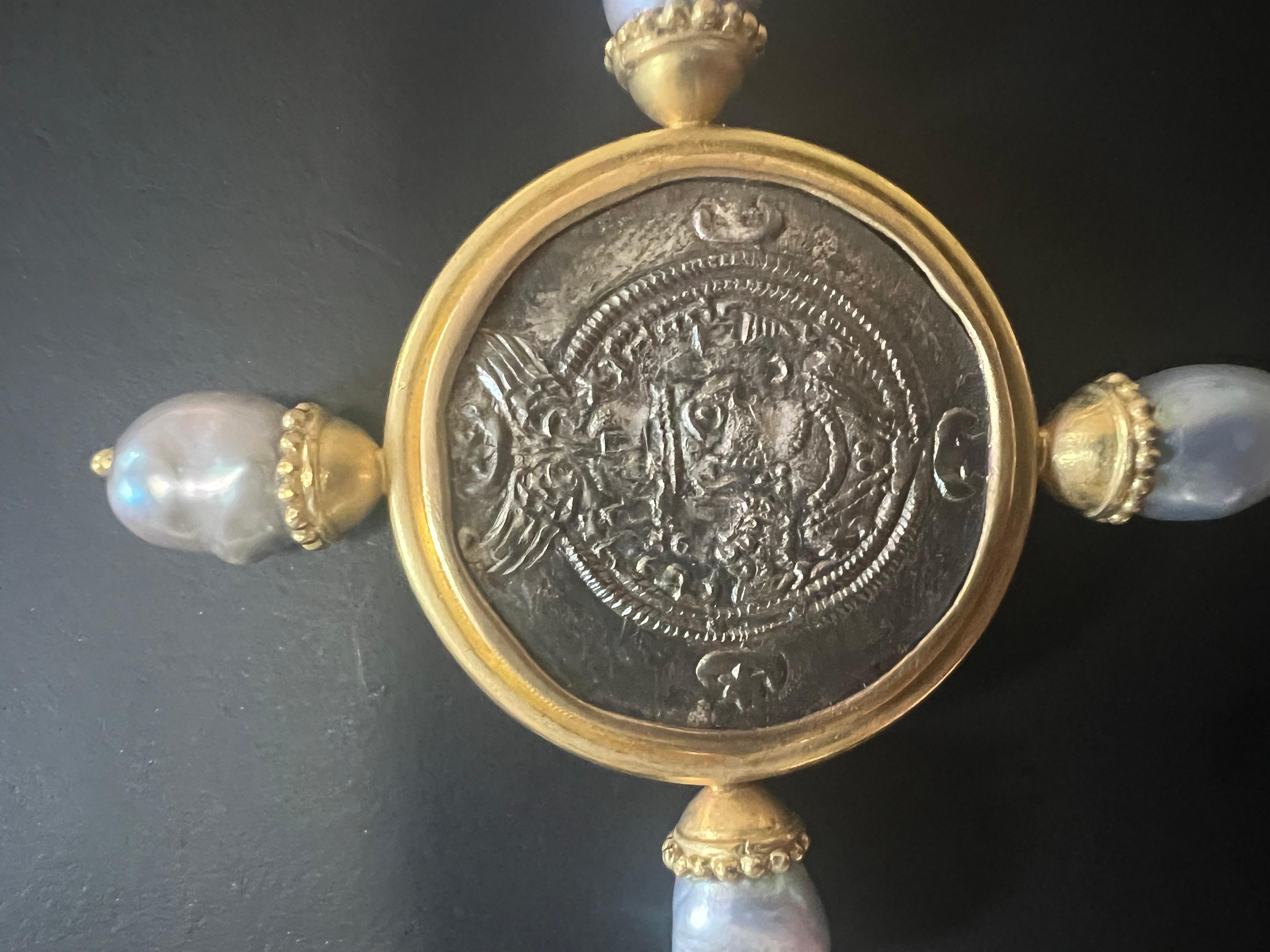 Elizabeth Locke Silver Sasanian Roman Coin Sea Pearl 18k Gold Frame Pin Brooch For Sale 5