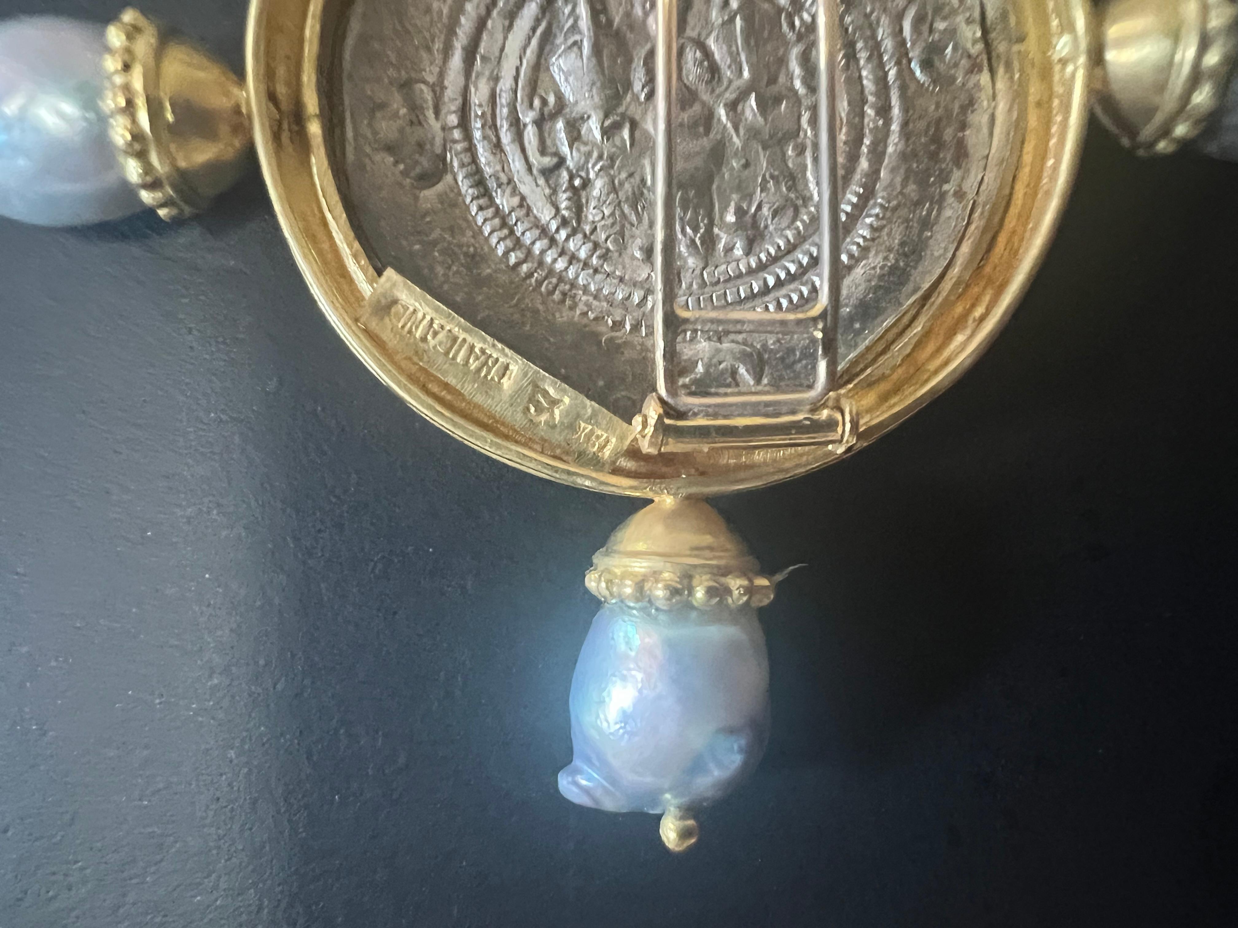 Baroque Elizabeth Locke Silver Saanian Roman Coin Sea Pearl 18k Gold Frame Pin or Brooch For Sale