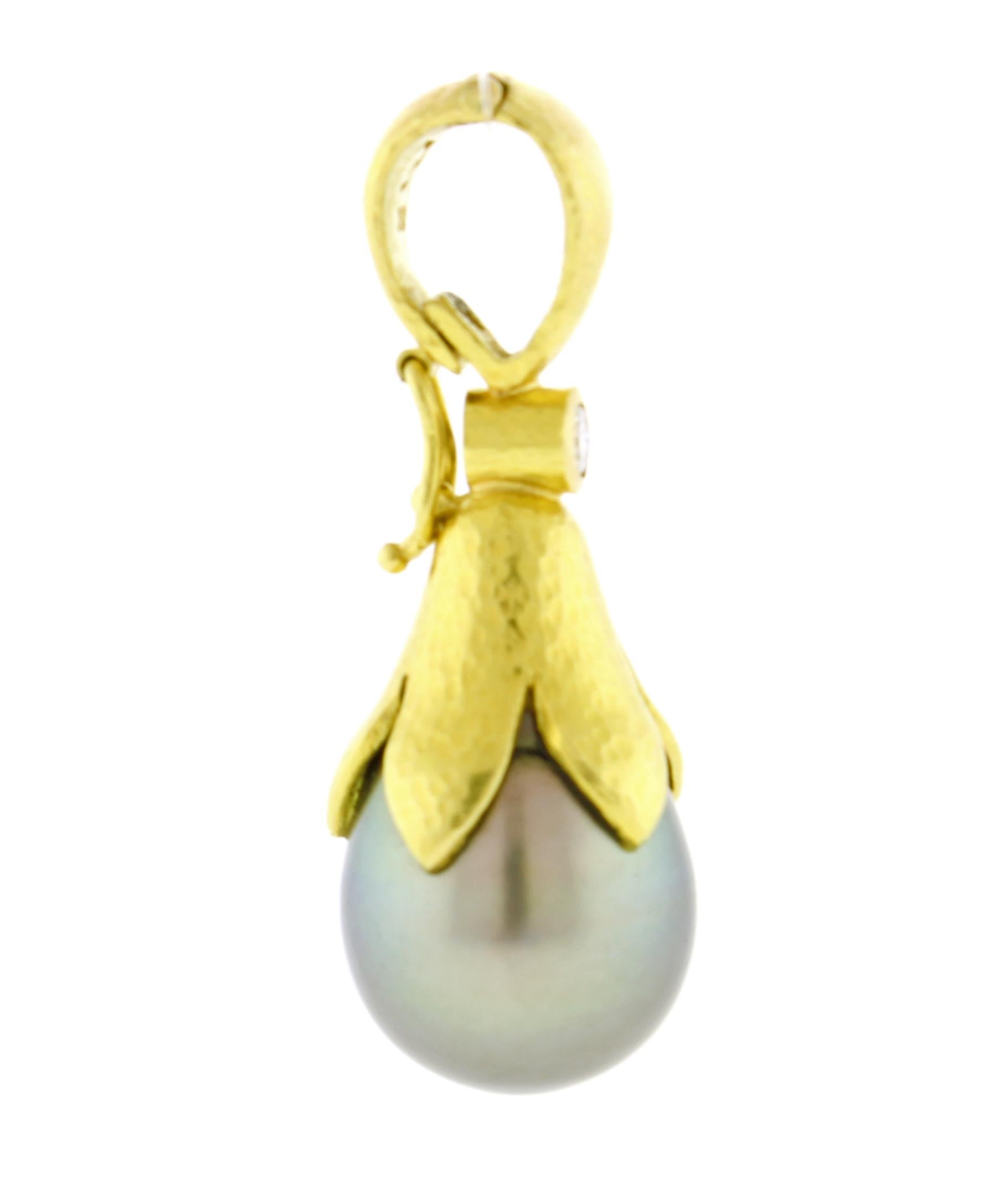 Round Cut Elizabeth Locke Silver South Sea Pearl and Diamond Pendant