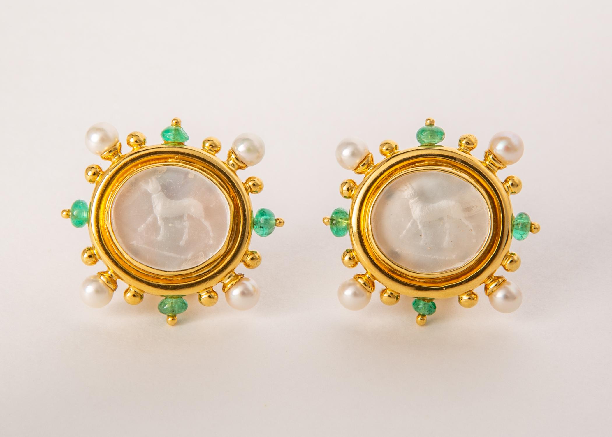 Contemporary Elizabeth Locke Standing Dog Intaglio Earrings Framed with Pearls and Emeralds