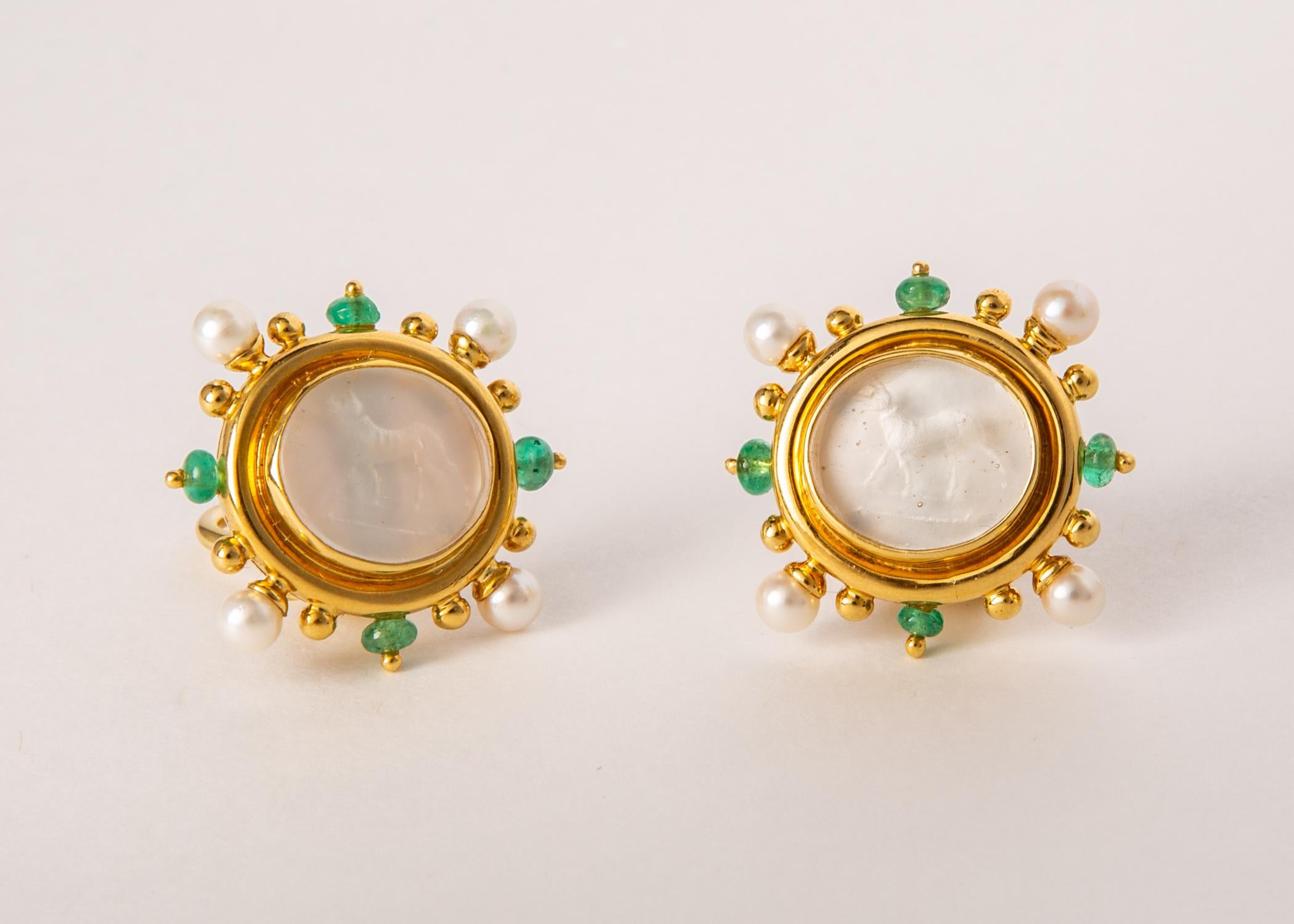 Elizabeth Locke Standing Dog Intaglio Earrings Framed with Pearls and Emeralds In Excellent Condition In Atlanta, GA