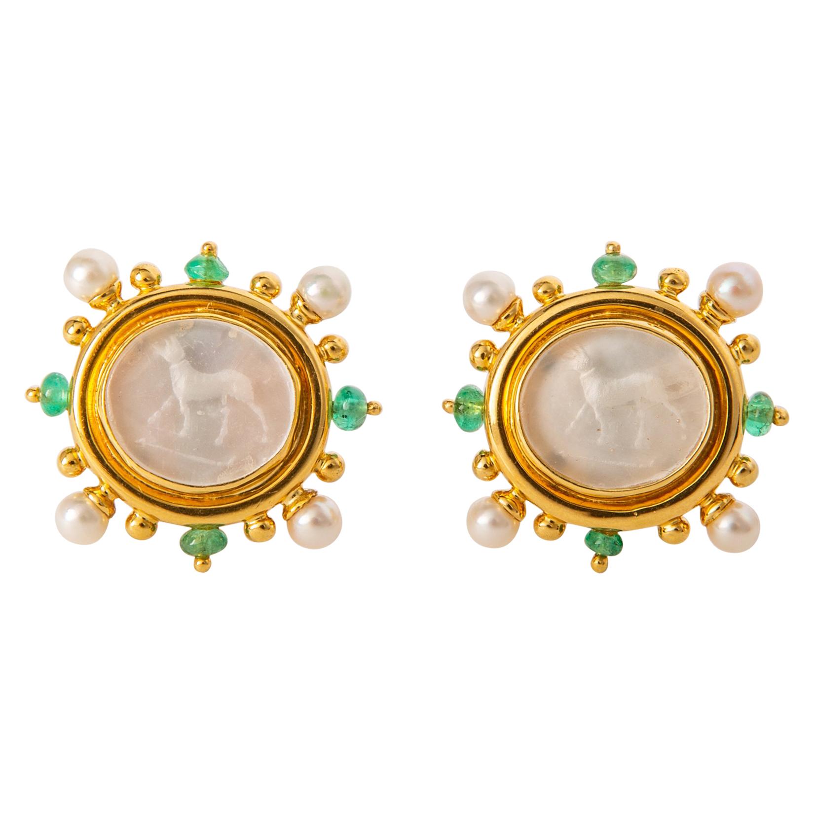 Elizabeth Locke Standing Dog Intaglio Earrings Framed with Pearls and Emeralds