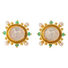 Elizabeth Locke Standing Dog Intaglio Earrings Framed with Pearls and Emeralds