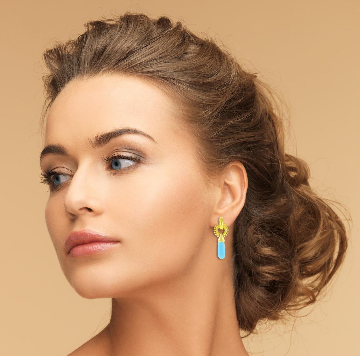 Women's or Men's Elizabeth Locke Turquoise Drop Gold Earrings