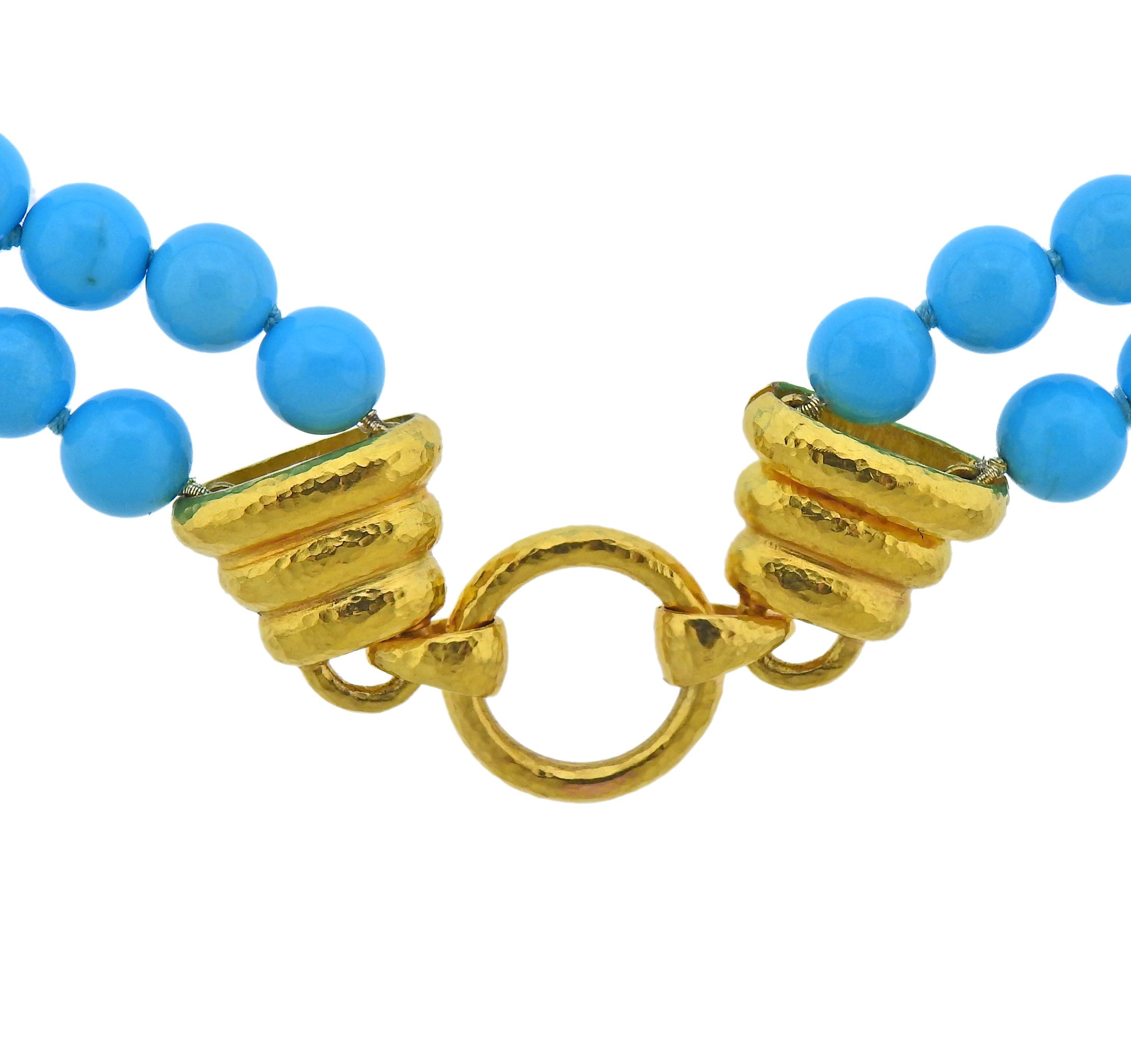 Elizabeth Locke 19k gold double strand necklace with 7mm turquoise beads. Necklace is 17 1/8