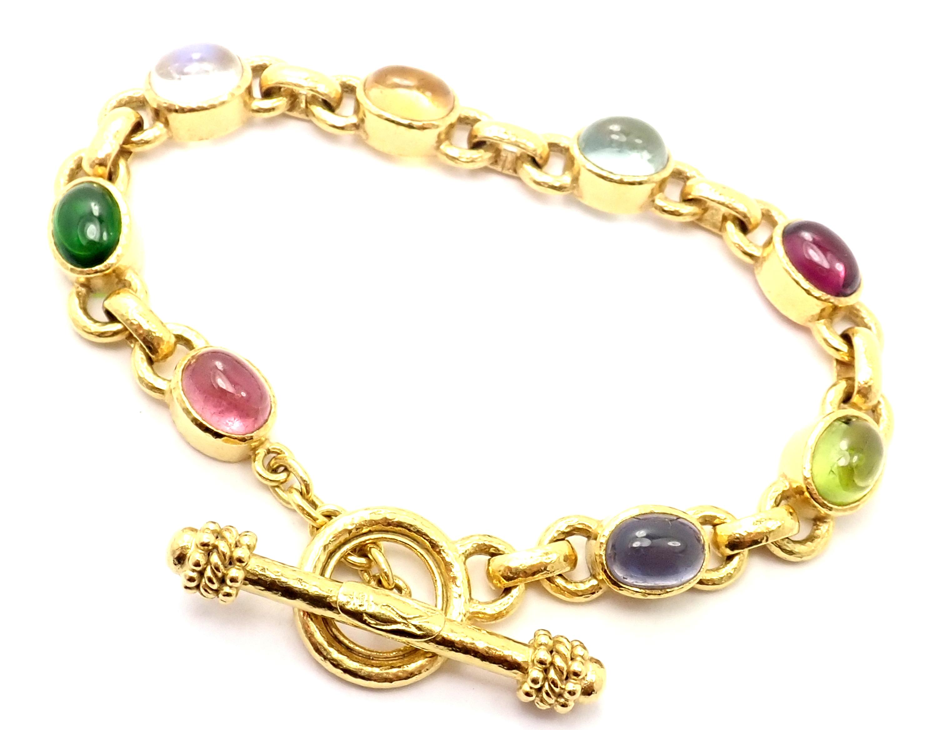 18k Yellow Gold Tutti Frutti Color Stone Toggle Link Bracelet by Elizabeth Locke. 
With Oval Amethyst, Moonstone, Tourmaline, Sapphire, Peridot, Aquamarine 8mm x 7mm each.
Details: 
Length: 7.5