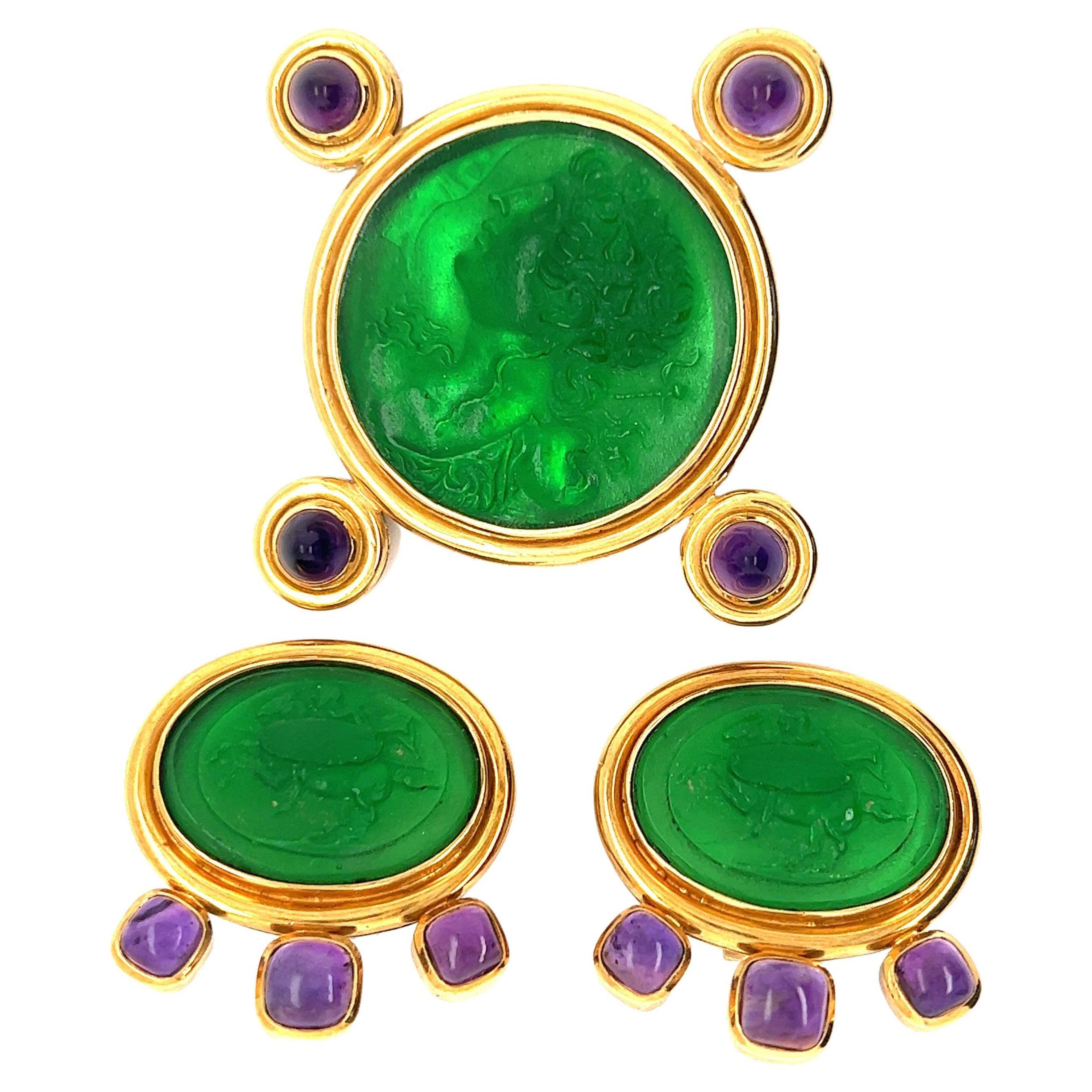 Elizabeth Locke Venetian Glass Amethyst 18 Karat Gold Earrings and Brooch