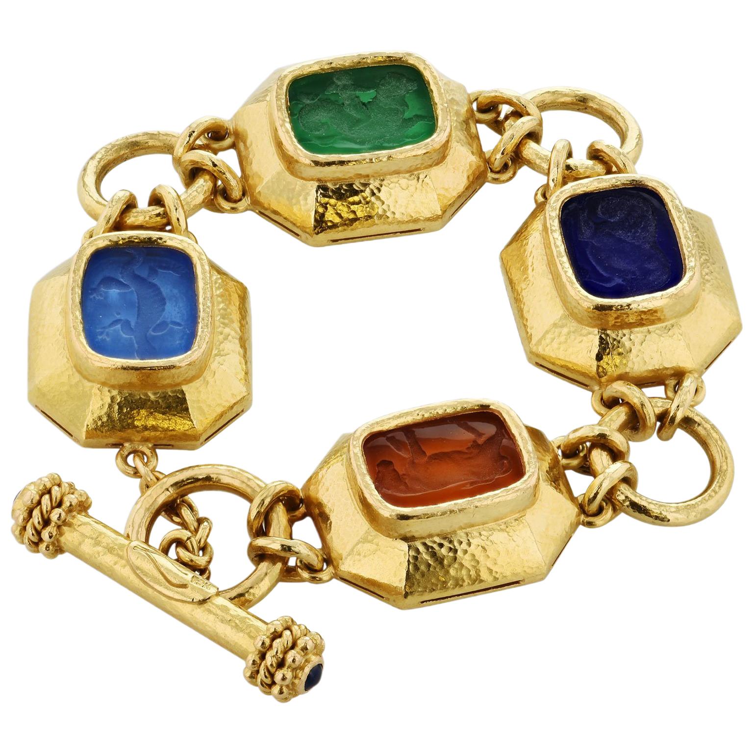Elizabeth Locke Venetian Glass Animal Intaglio Yellow Gold Toggle Bracelet 19 kt