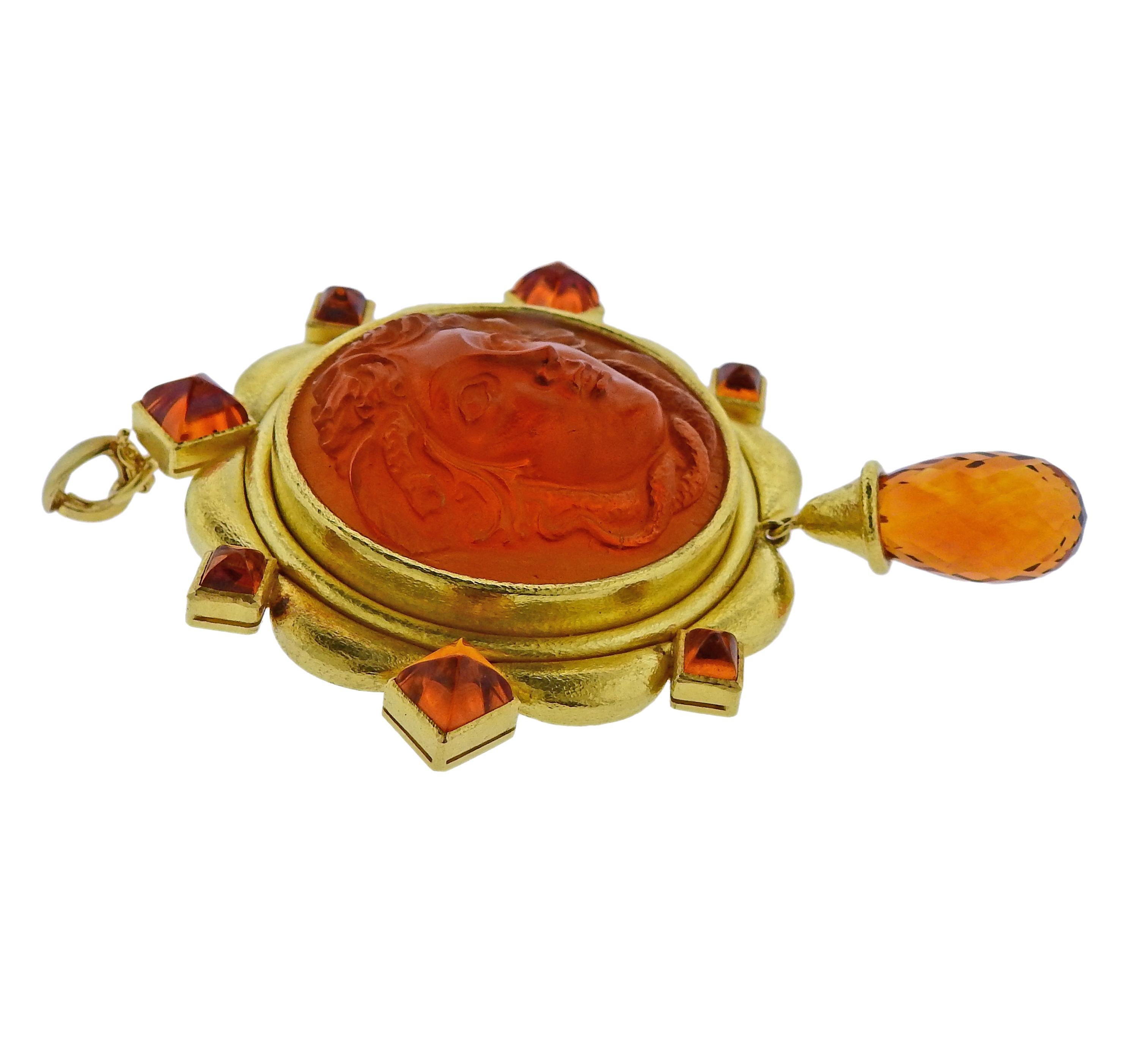 Large 18k yellow gold brooch pendant by Elizabeth Locke, set with Venetian glass cameo, surrounded with citrines. Pendant/brooch is 87mm x 72mm. Weight is 110.3 grams. Marked E Locke 18k. 