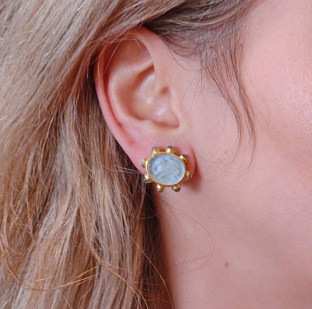 Elizabeth Locke Venetian Glass Intaglio Aquamarine Gold Earrings 1