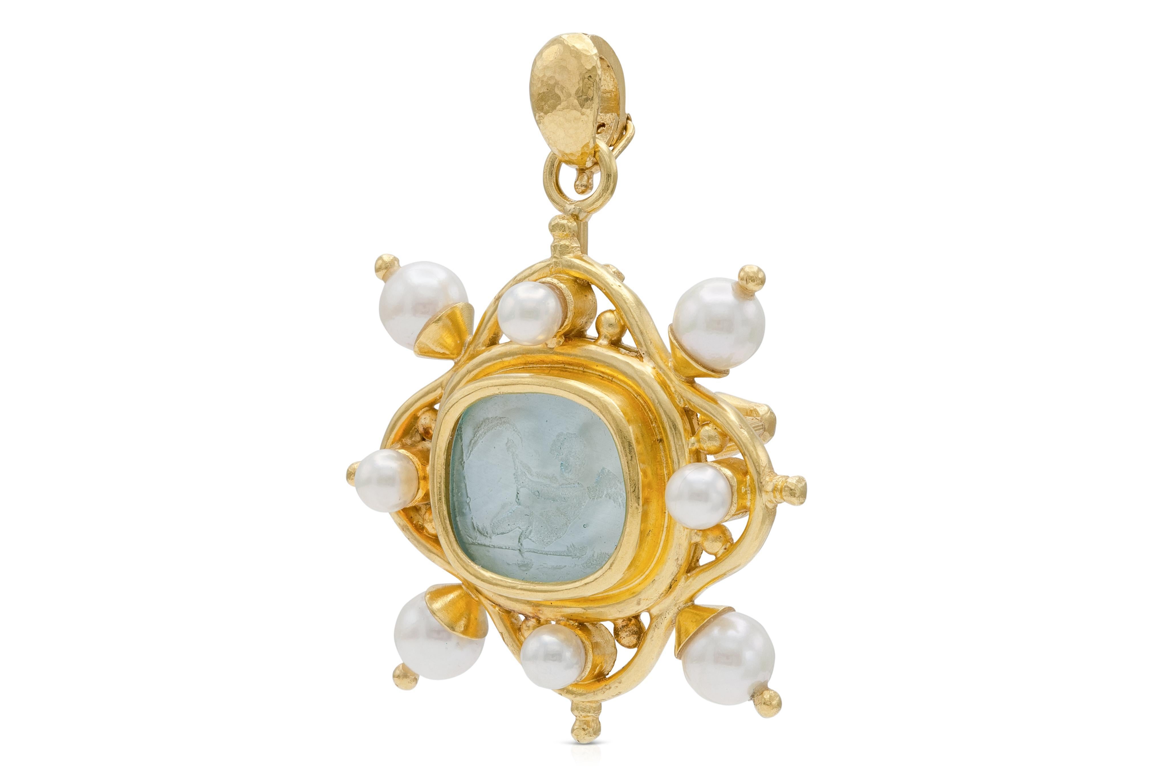 Finely crafted in 19k yellow gold with a blue Venetian Glass Intaglio and Pearls.
Signed by Elizabeth Locke
1 3/4 x 1 3/4 inches + 5/8 inch bail
Can be worn as a brooch or pendant.
