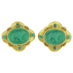 Vintage Elizabeth Locke Venetian Glass Intaglio Chrysoprase Gold Earrings