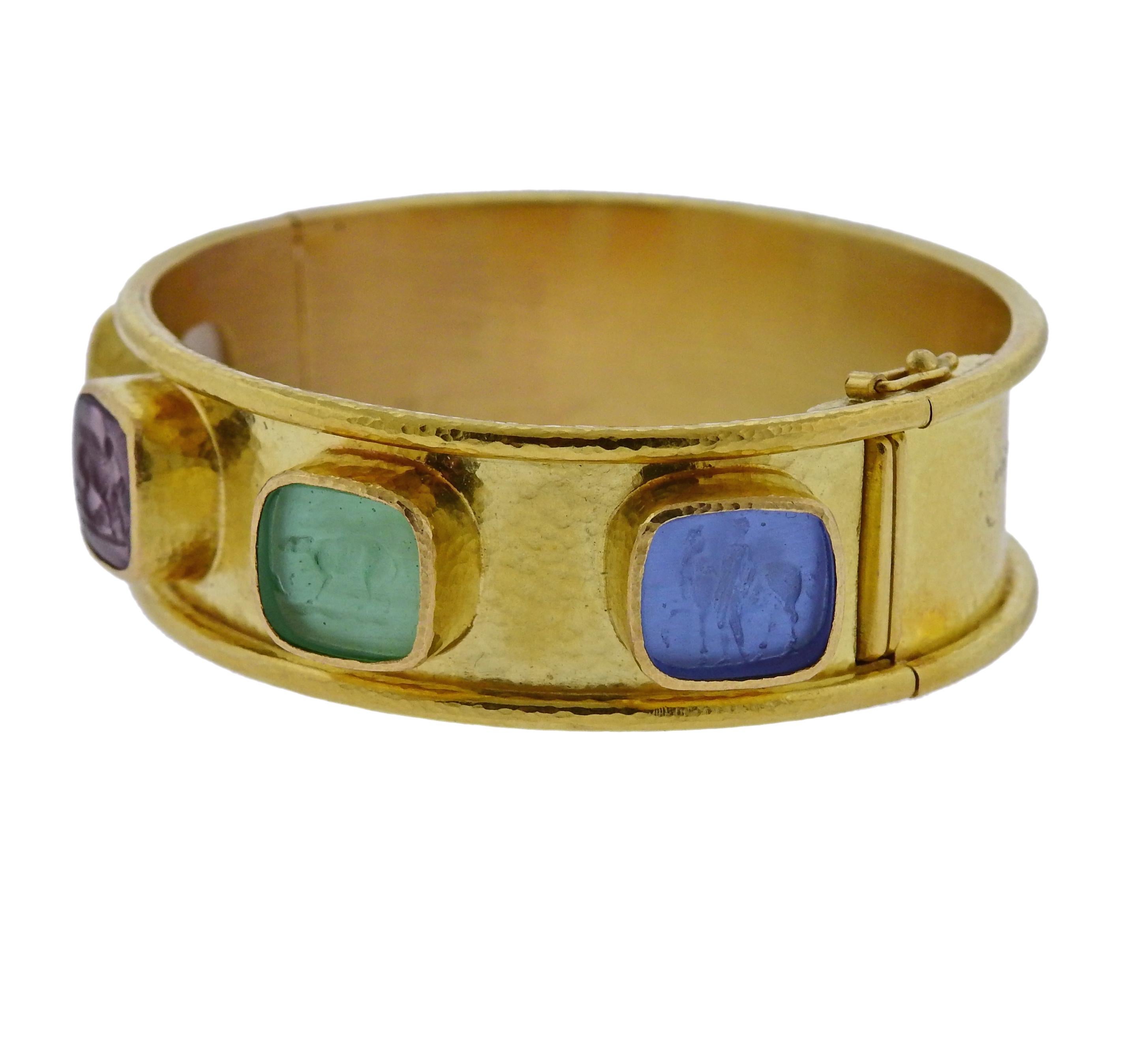 18k gold bangle bracelet, designed by Elizabeth Locke, set with multi color Venetian glass intaglios, all backed with mother of pearl. Bracelet will fit approx. 6.5