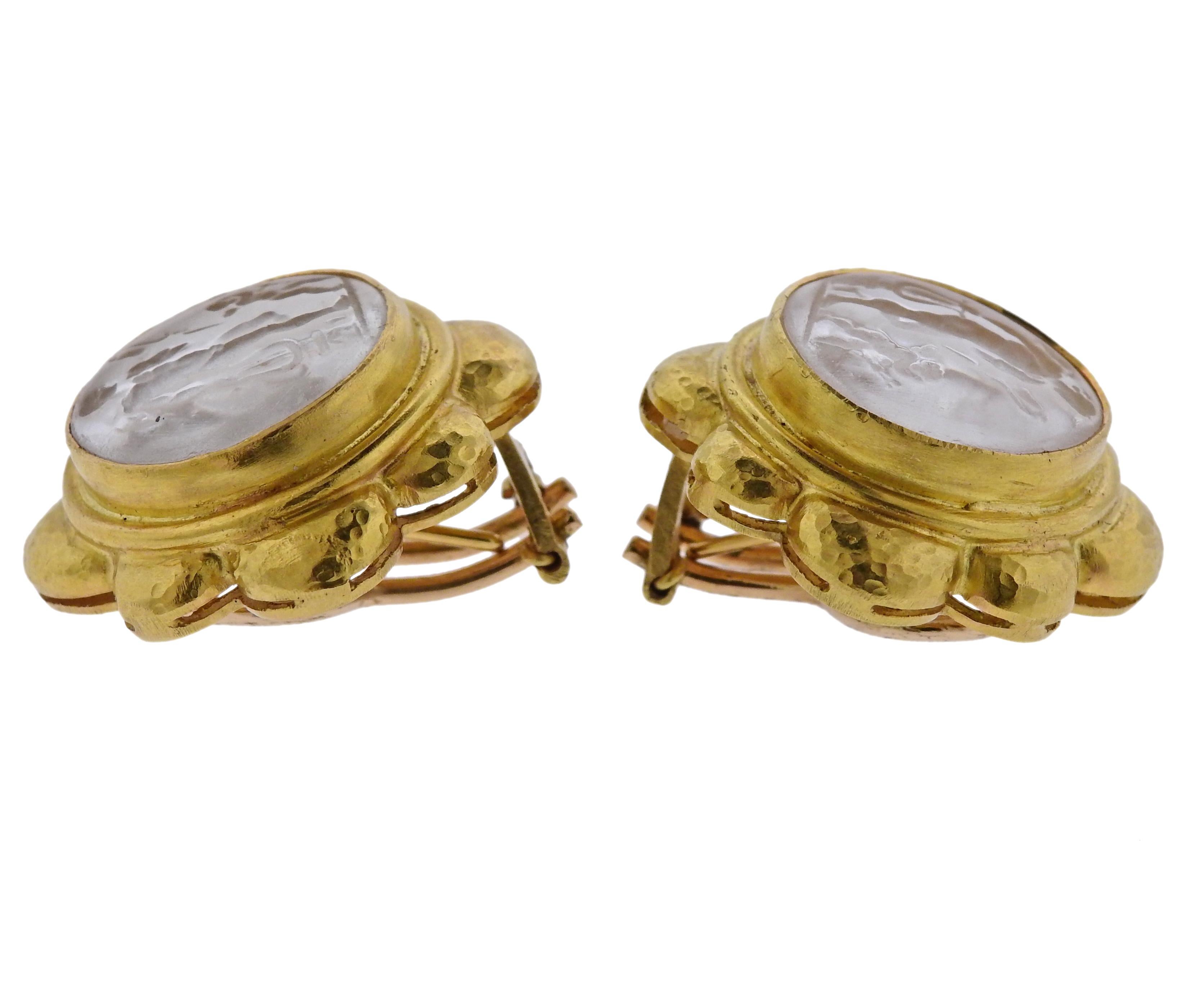 Pair of 18k gold earrings, crafted by Elizabeth Locke, set with clear Glass intaglio, backed with mother of pearl. Earrings are 28mm x 28mm, with collapsible posts, weigh 28.3 grams. Marked: E hallmark, 18k.