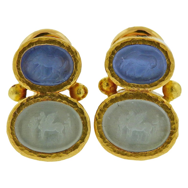 Elizabeth Locke Glass Intaglio Gold Earrings For