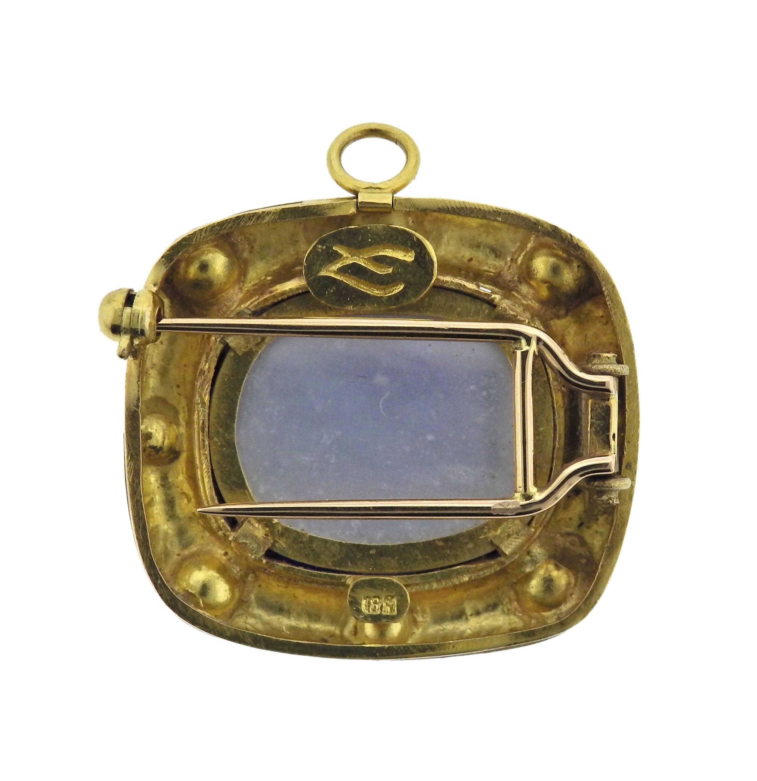 Elizabeth Locke Venetian Glass Intaglio Pearl Gold Brooch Pendant In Excellent Condition In Lambertville, NJ