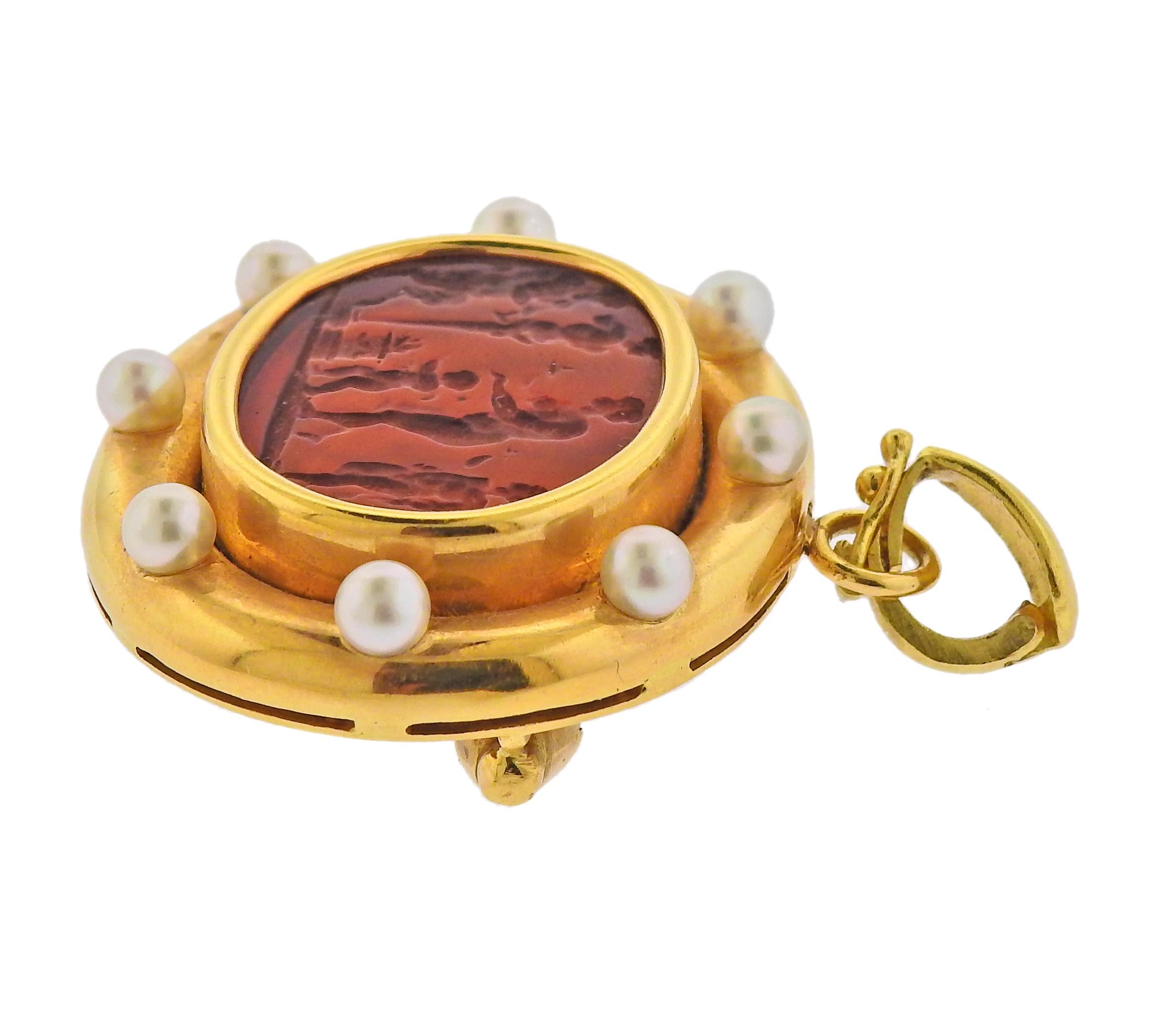 Elizabeth Locke 18k gold pendant brooch, featuring Venetian glass intaglio, backed with mother of pearl, and pearls. Pendant/brooch is 34mm x 38mm.  Weight - 24 grams. Marked: 18k, E mark.