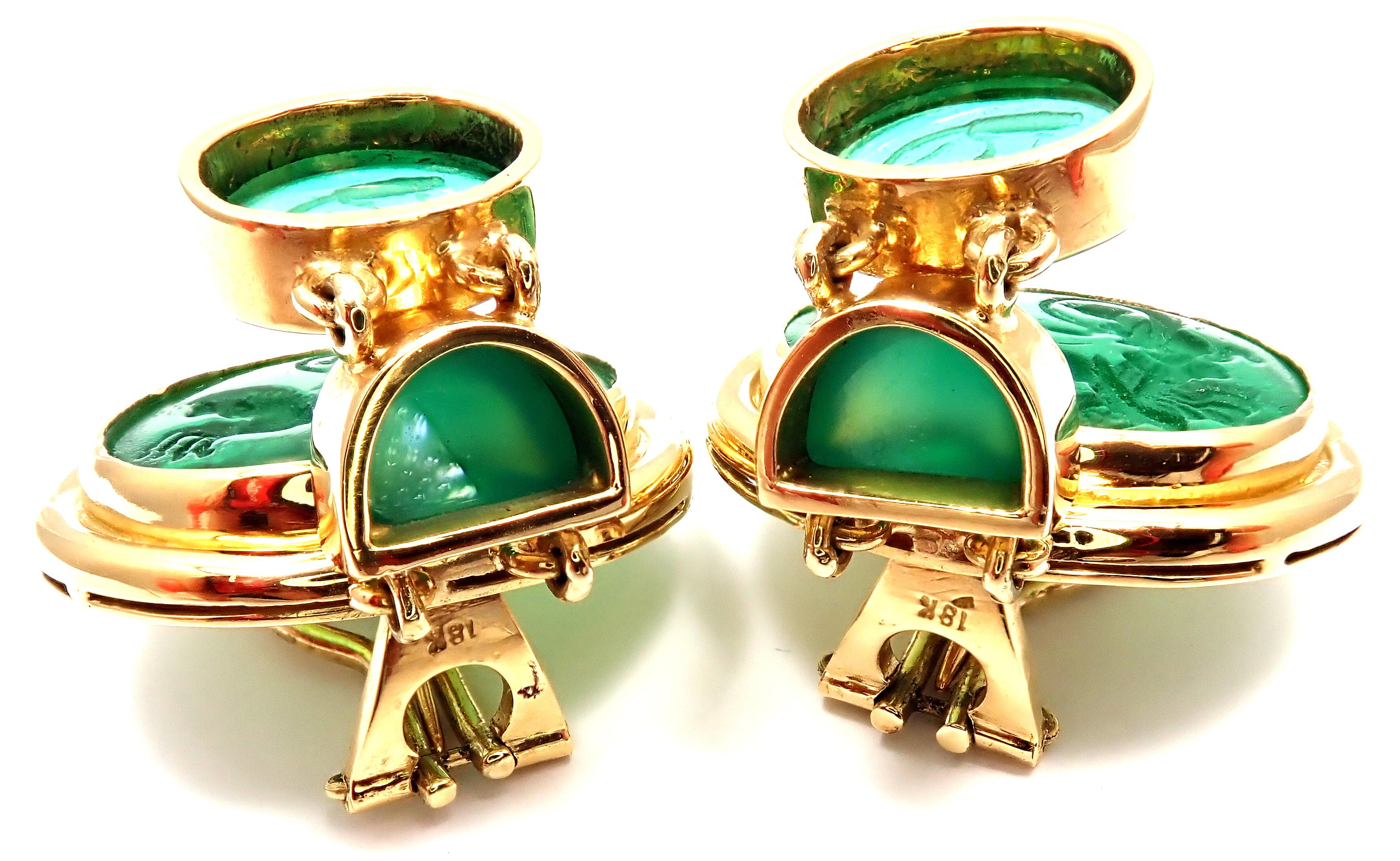 Elizabeth Locke Venetian Green Glass Intaglio Chalcedony Yellow Gold Earrings 1