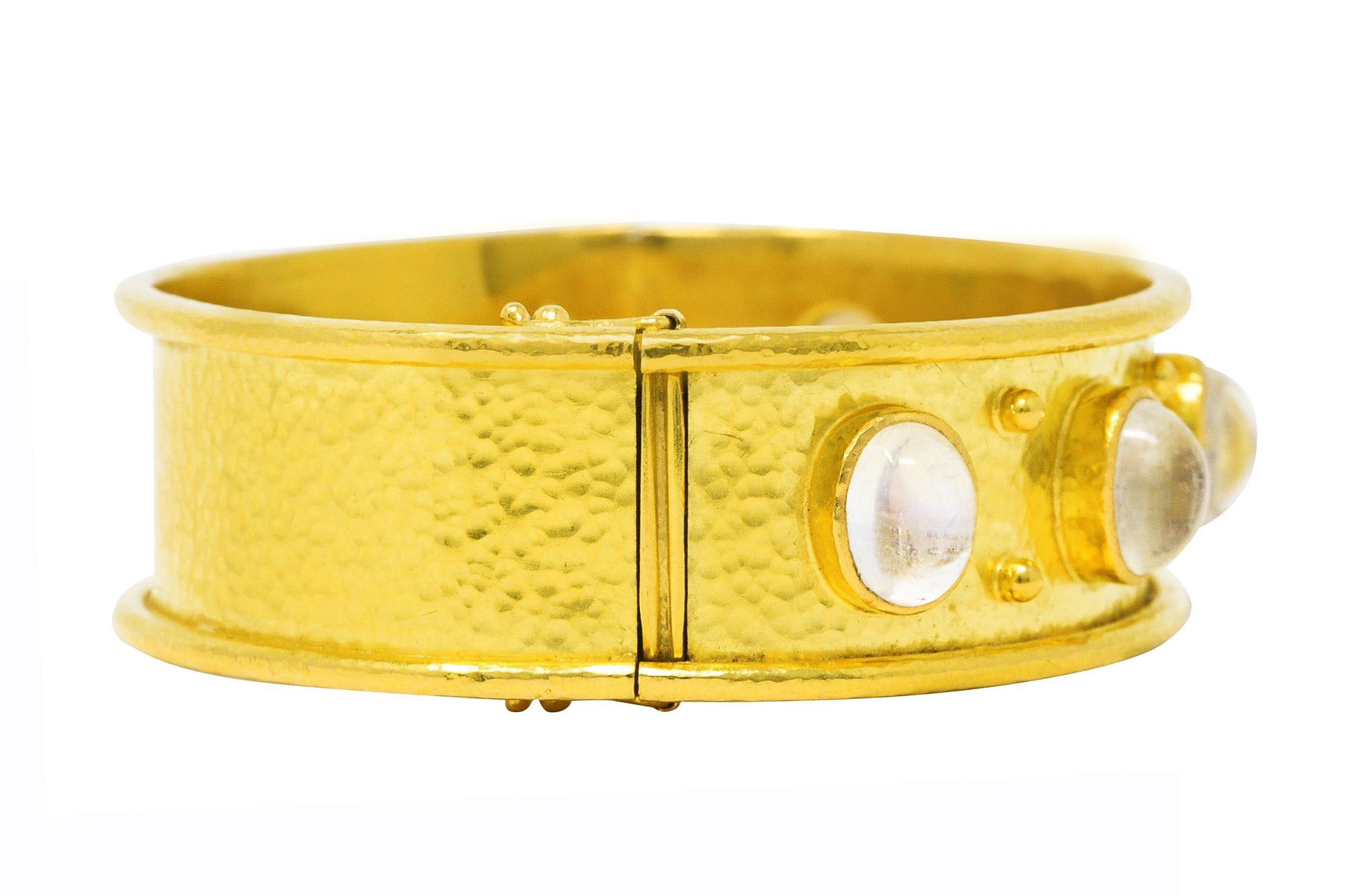 Contemporary Elizabeth Locke Vintage Moonstone 19 Karat Yellow Gold Hammered Bangle Bracelet For Sale