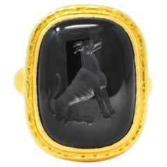 Elizabeth Locke Vintage Onyx 18 Karat Yellow Gold Dog Unisex Intaglio Signet Rin