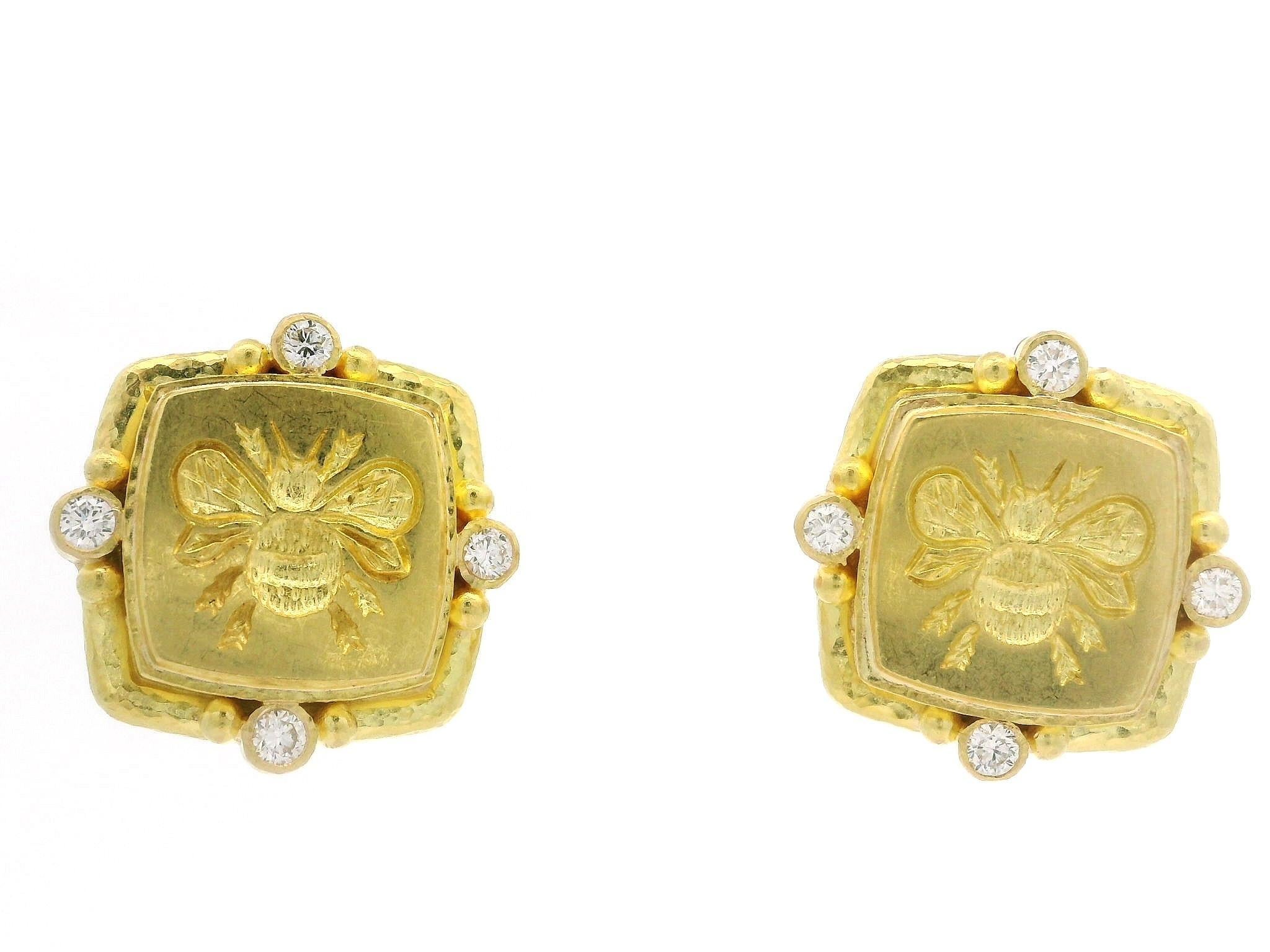 Elizabeth Locke Yellow Gold Diamond Signature Bee Intaglio Omega Earrings 6