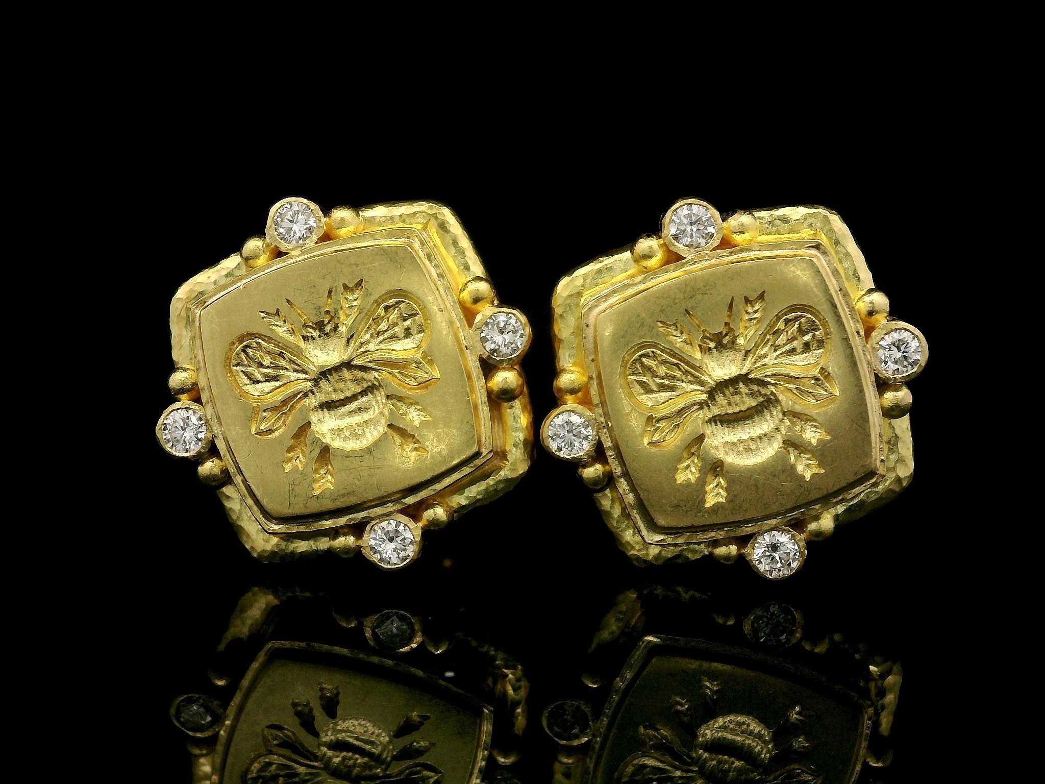 Elizabeth Locke Yellow Gold Diamond Signature Bee Intaglio Omega Earrings In Good Condition In Montclair, NJ
