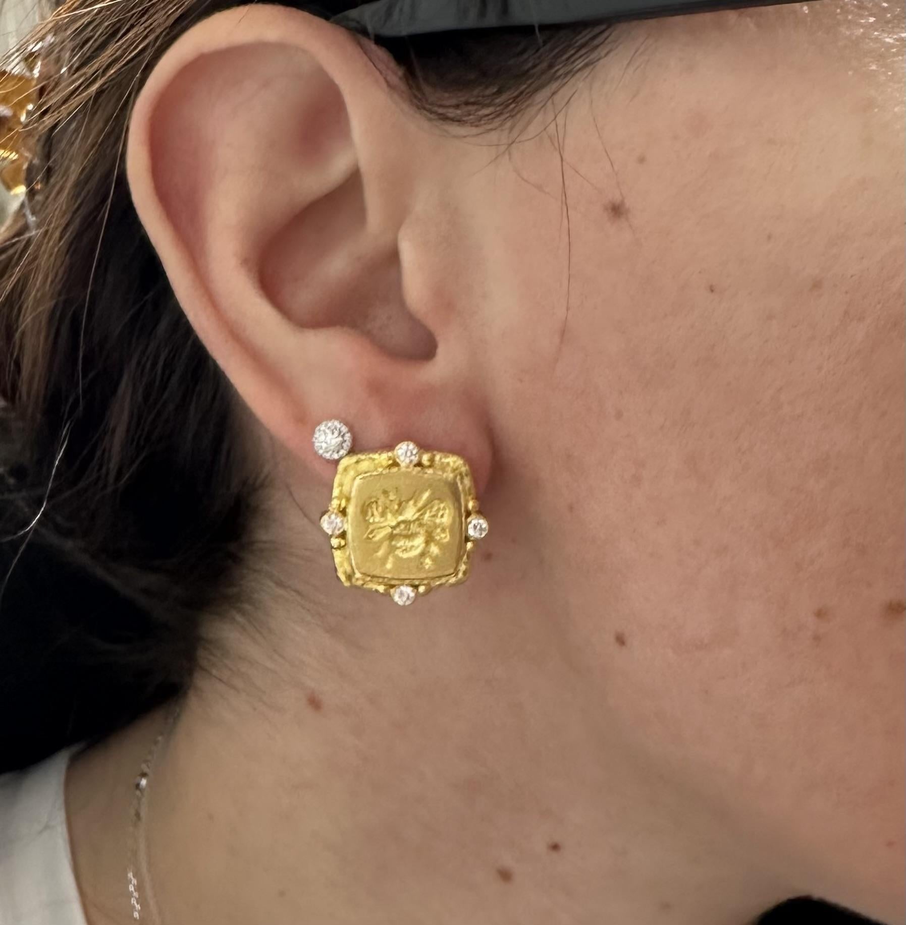 Women's Elizabeth Locke Yellow Gold Diamond Signature Bee Intaglio Omega Earrings