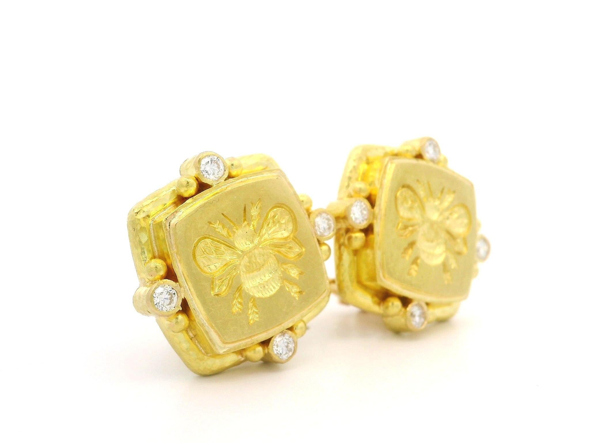 Elizabeth Locke Yellow Gold Diamond Signature Bee Intaglio Omega Earrings 2