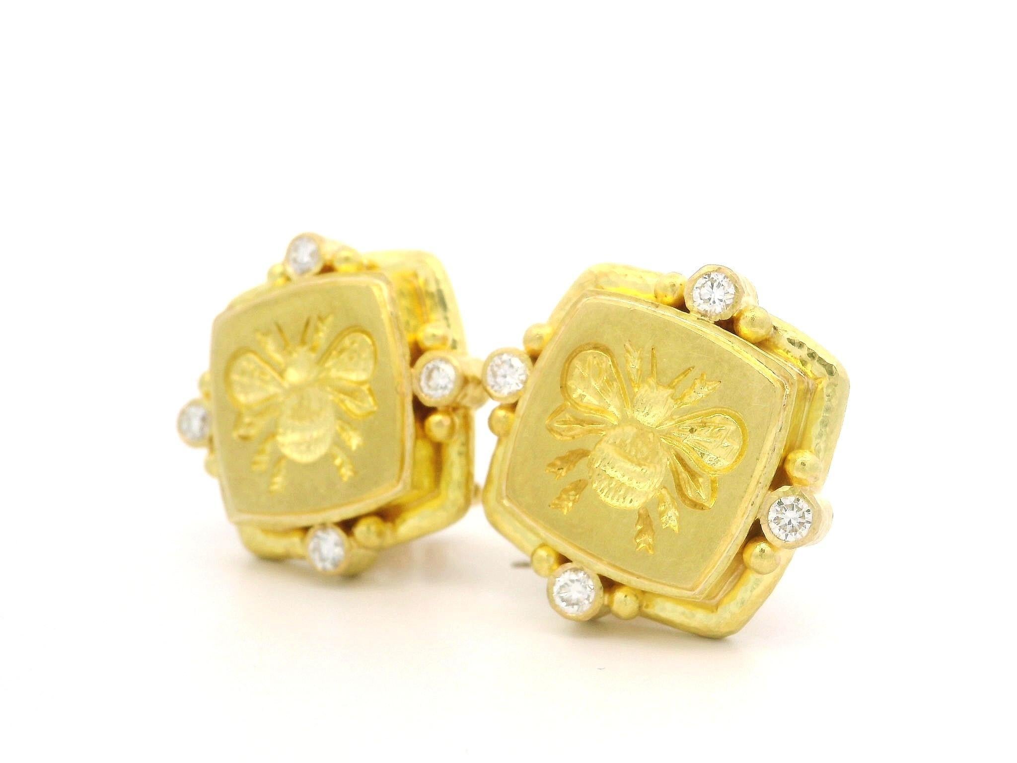 Elizabeth Locke Yellow Gold Diamond Signature Bee Intaglio Omega Earrings 3