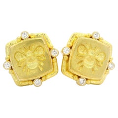 Elizabeth Locke Yellow Gold Diamond Signature Bee Intaglio Omega Earrings