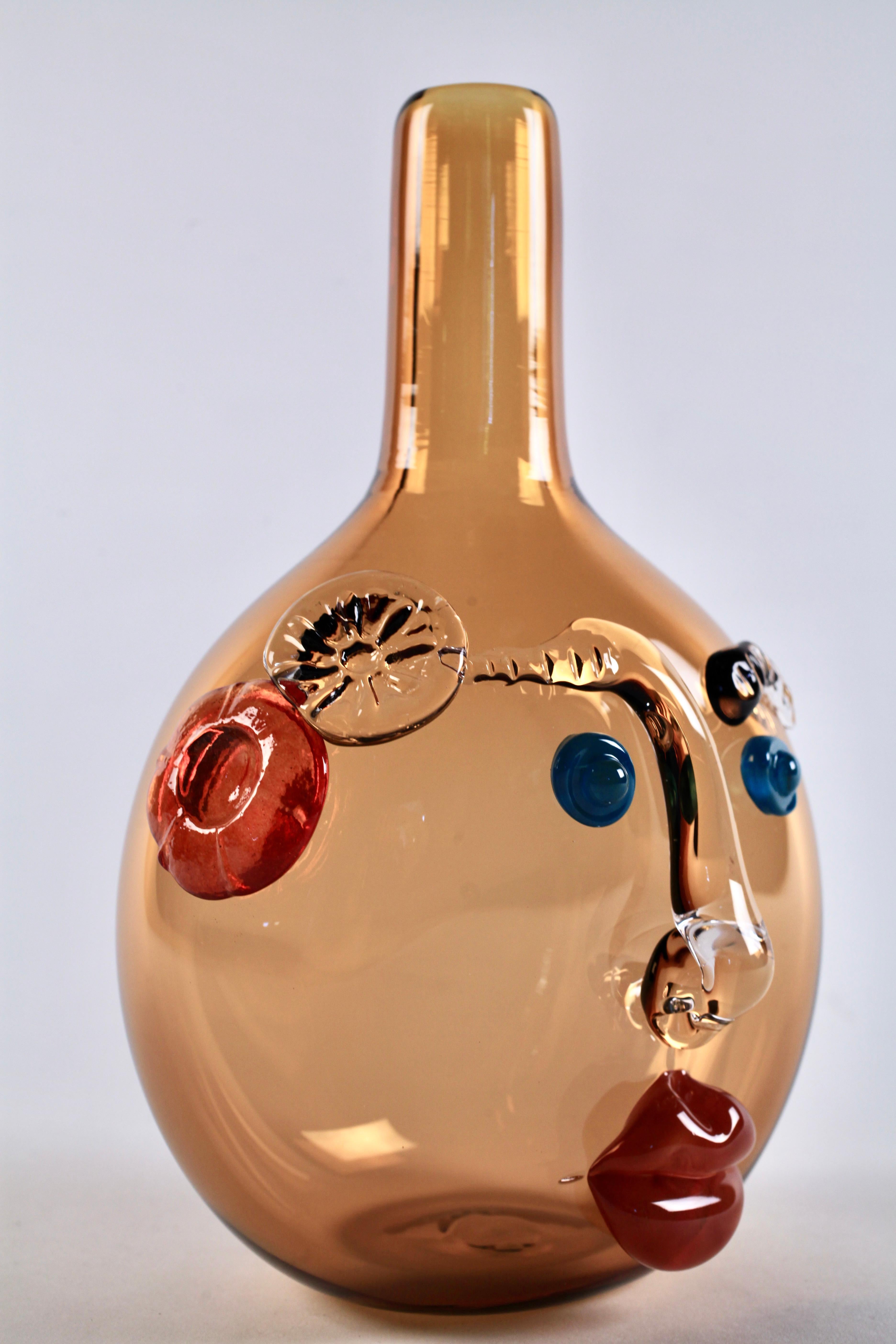 Modern Elizabeth Lyons Hand Blown and Sculpted Glass, Amber Bottle-Head Vessel For Sale