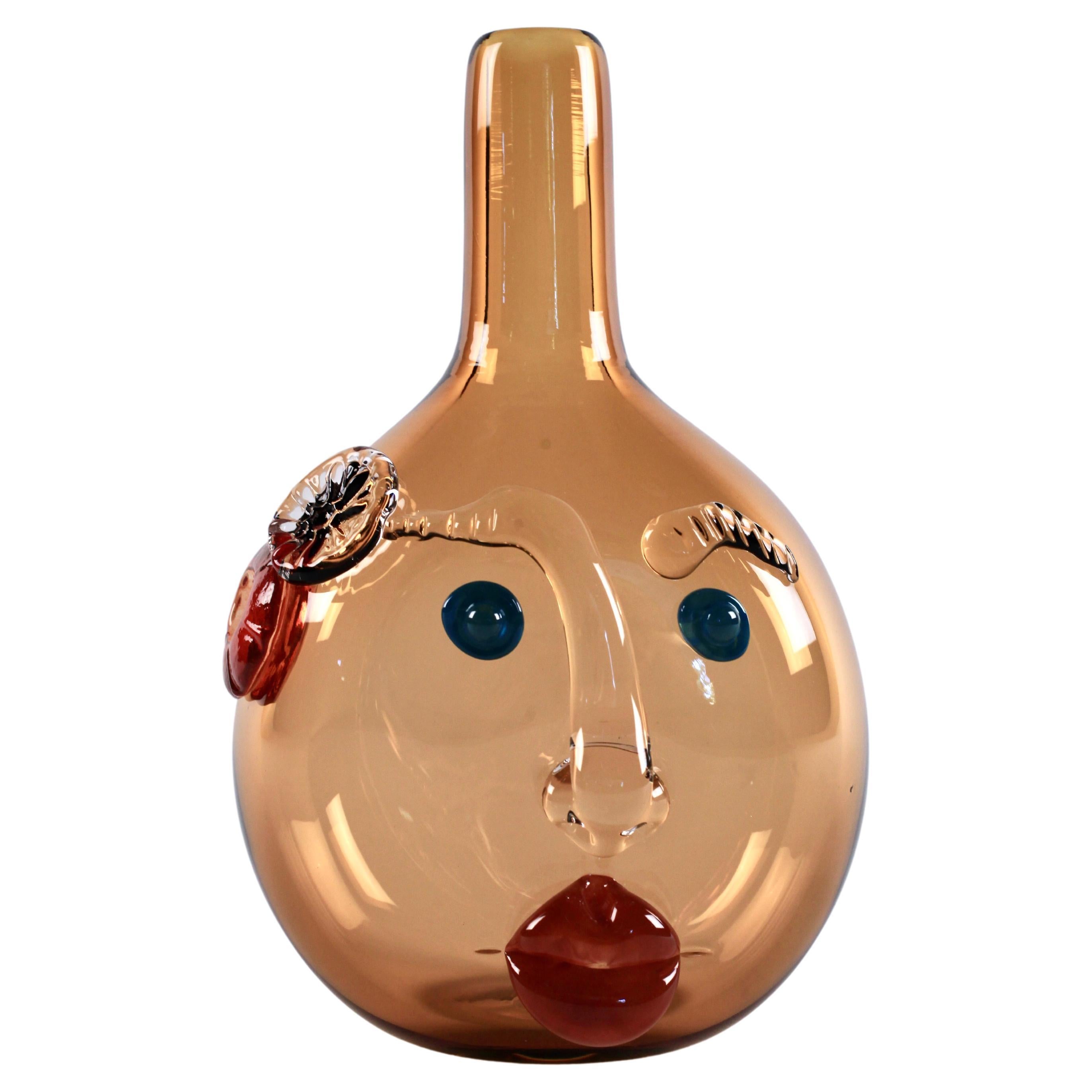 Elizabeth Lyons Hand Blown and Sculpted Glass, Amber Bottle-Head Vessel For Sale