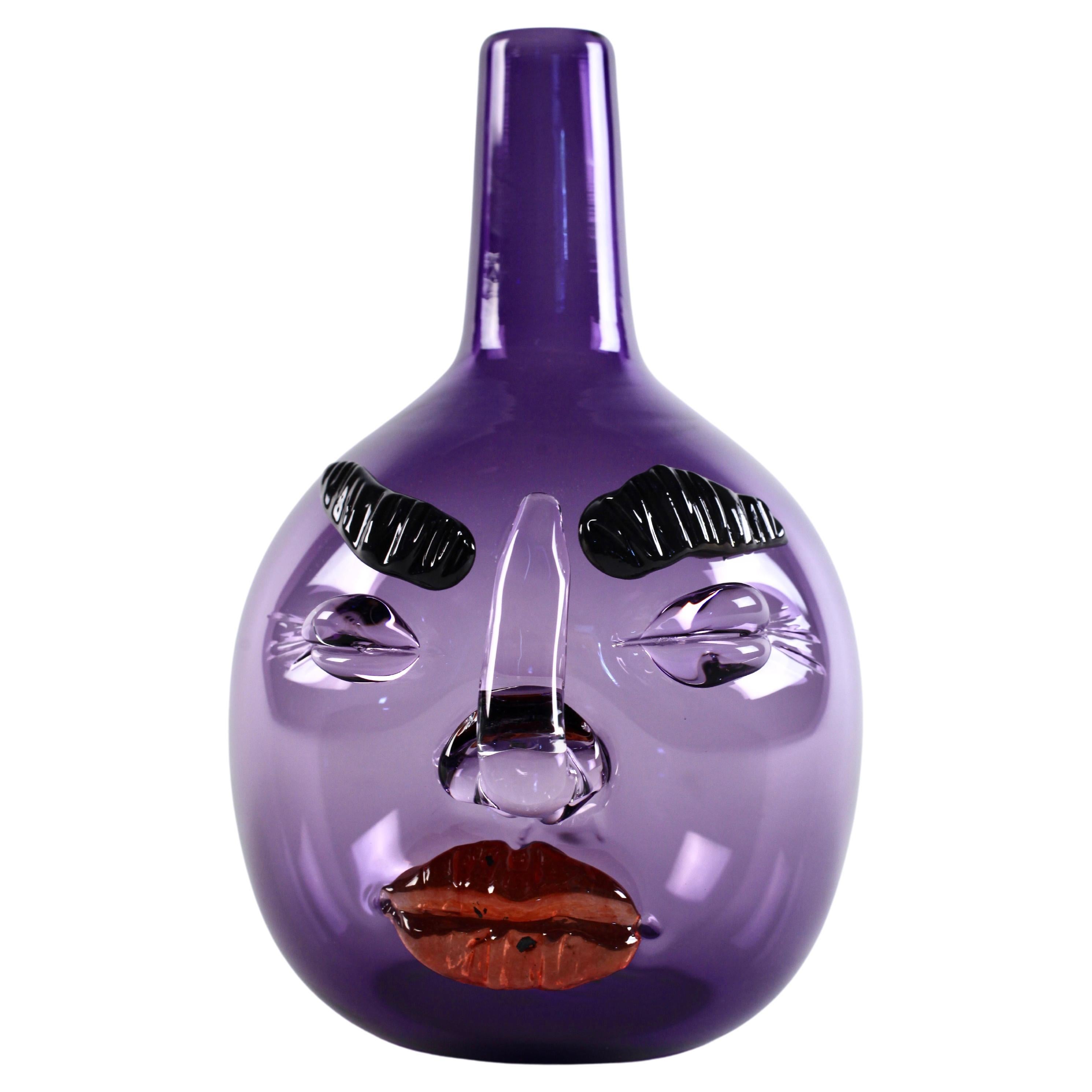 Elizabeth Lyons Hand Blown and Sculpted Glass, Purple Bottle-Head Vessel For Sale