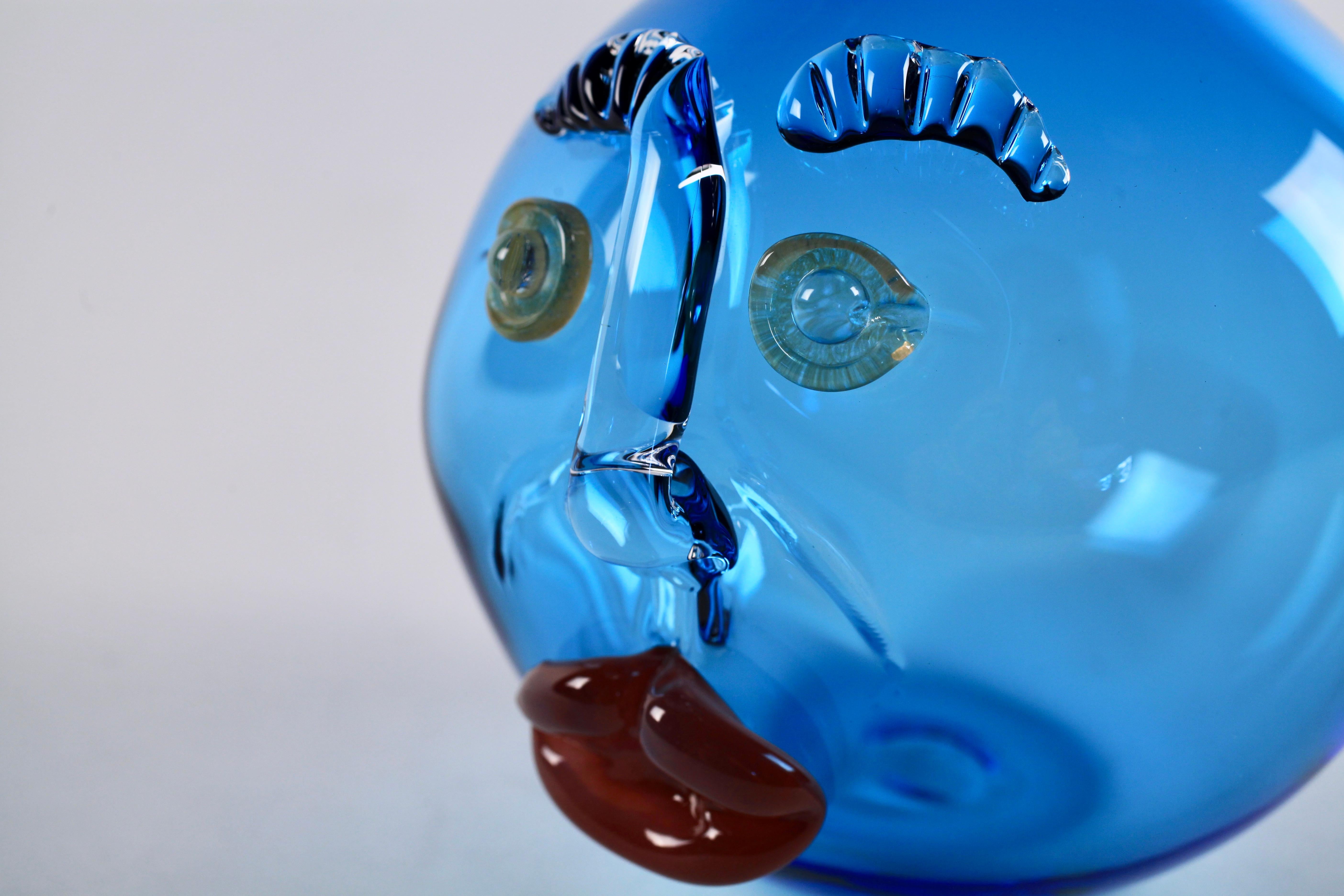 Modern Elizabeth Lyons Hand Blown and Sculpted Glass, Sky Blue Bottle-Head Vessel For Sale