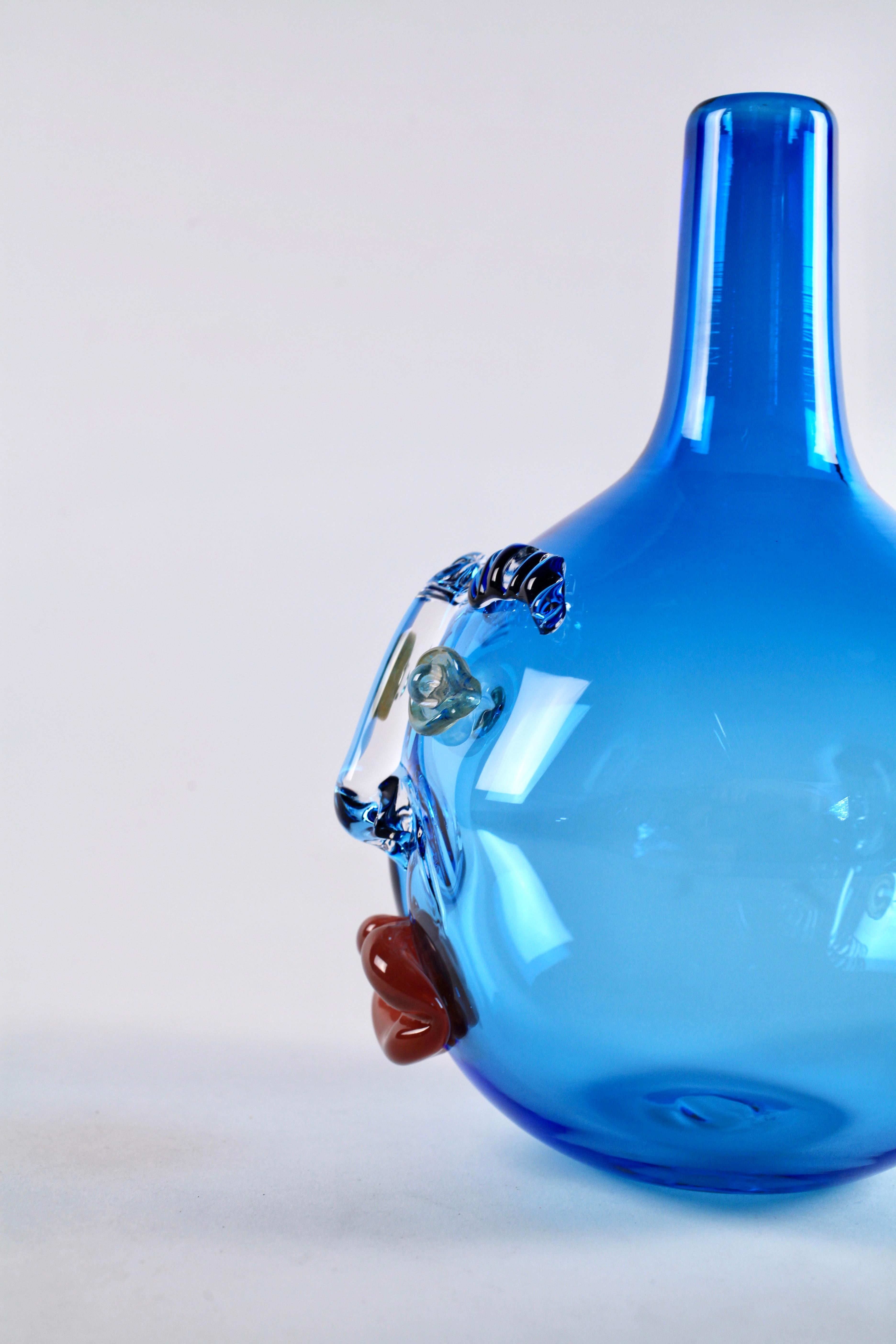 American Elizabeth Lyons Hand Blown and Sculpted Glass, Sky Blue Bottle-Head Vessel For Sale